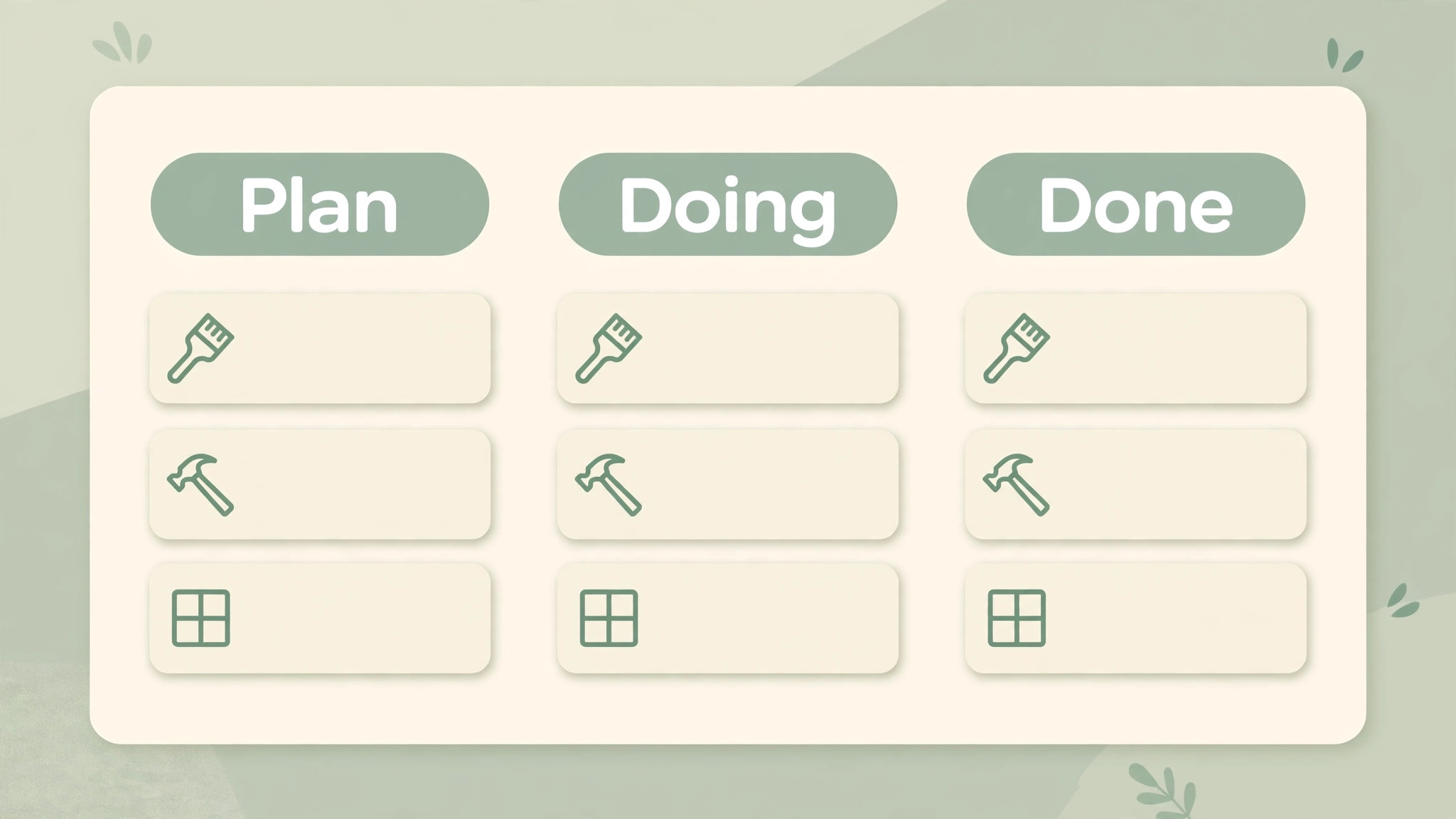 Renovation board with plan, doing and done columns for each job