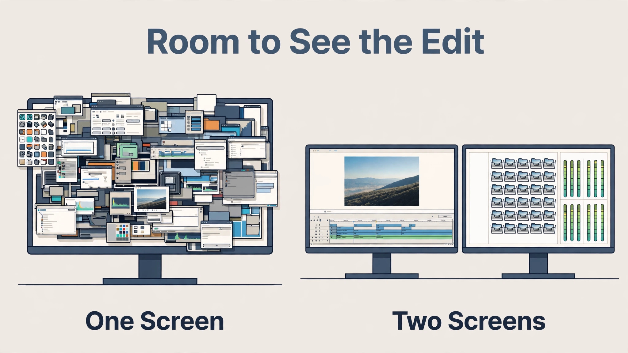 One monitor crowded with panels beside two tidy monitors for preview and tools