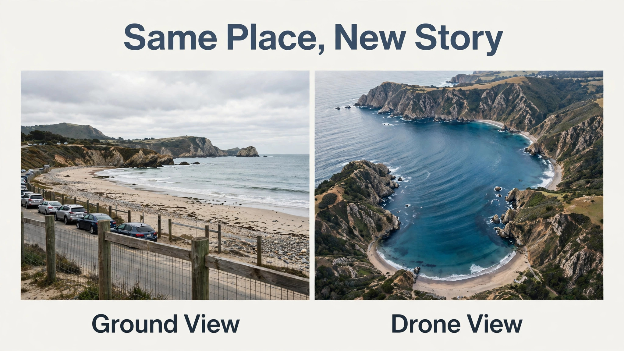 Same coastline seen from the ground and from a drone