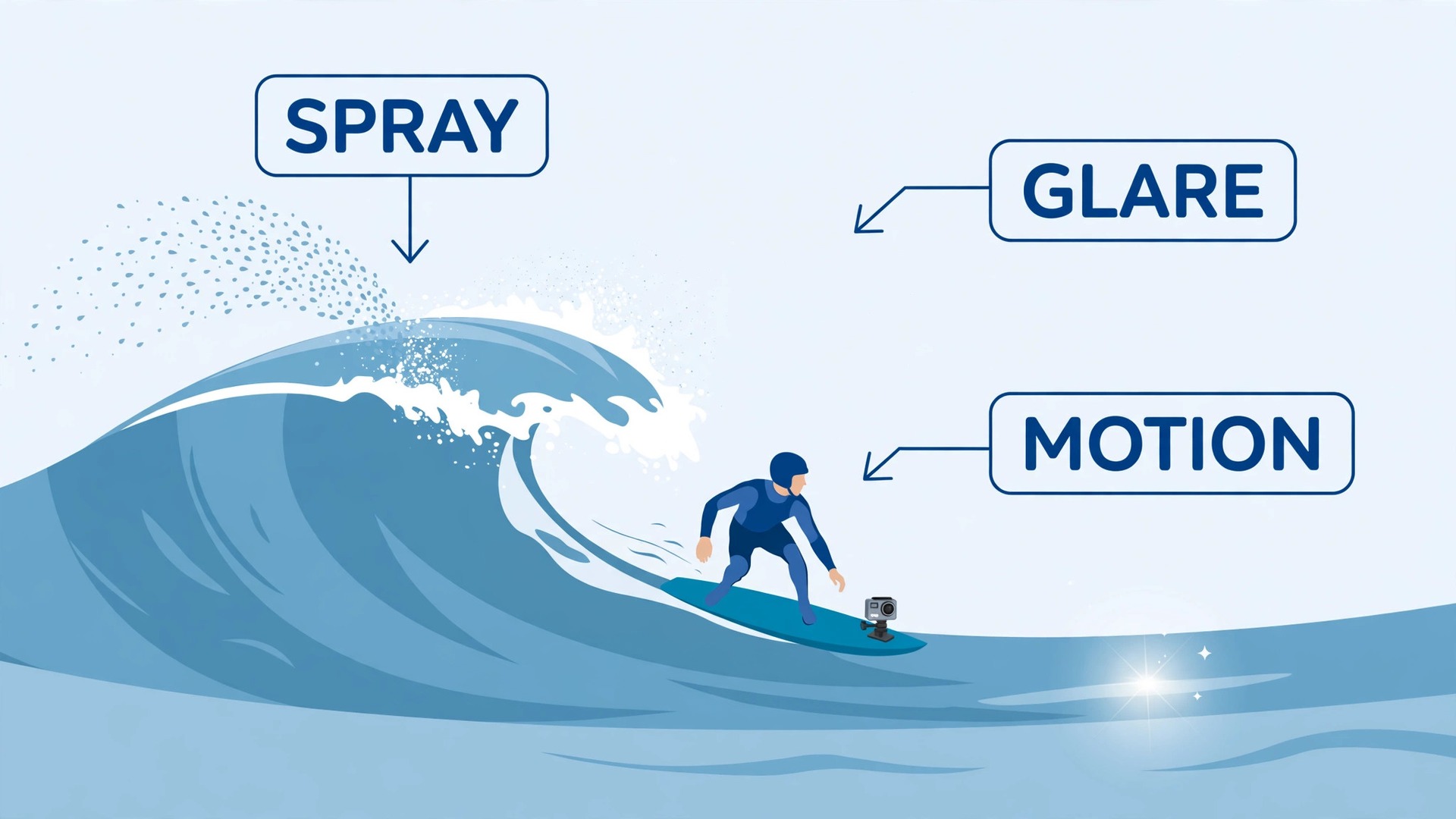 Surfer on a wave with spray, glare and motion labelled as surf filming challenges