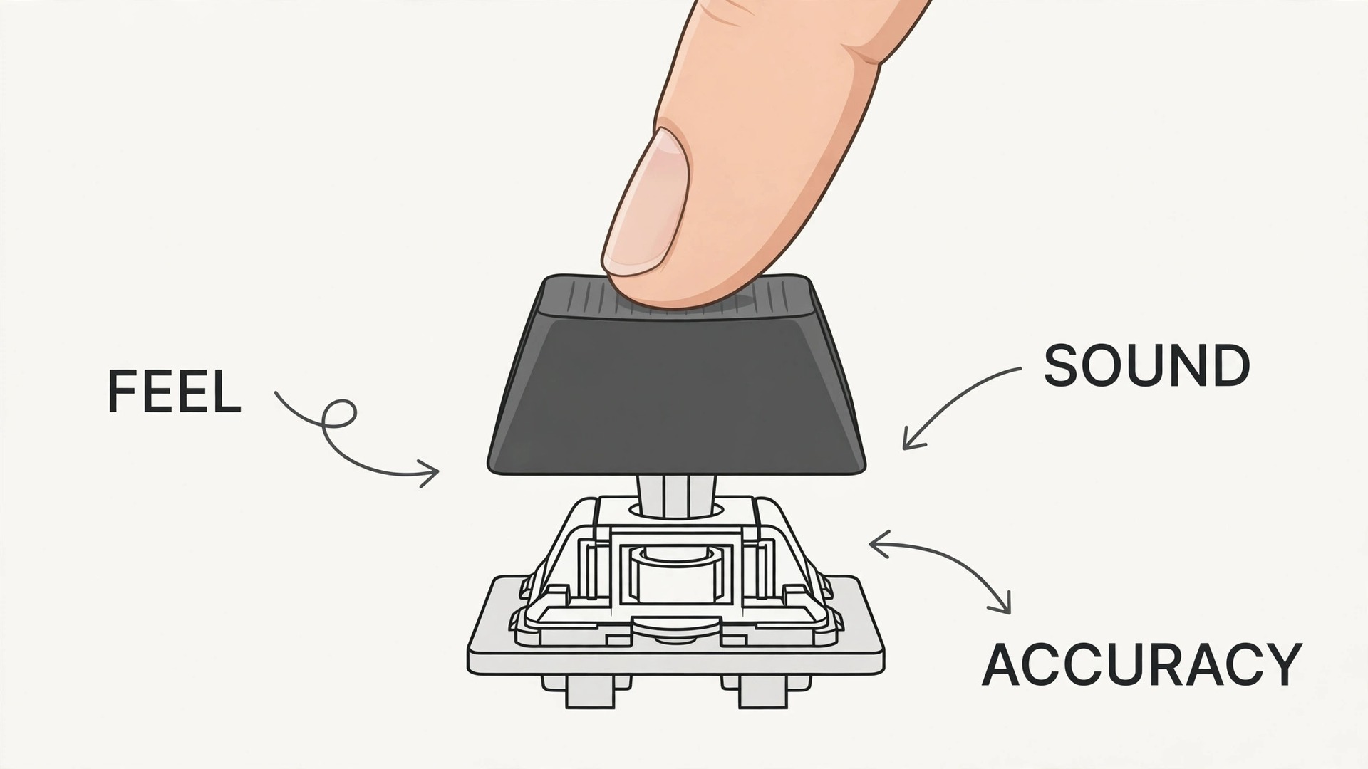 Finger pressing a single mechanical keyboard key with labels for feel, sound and accuracy