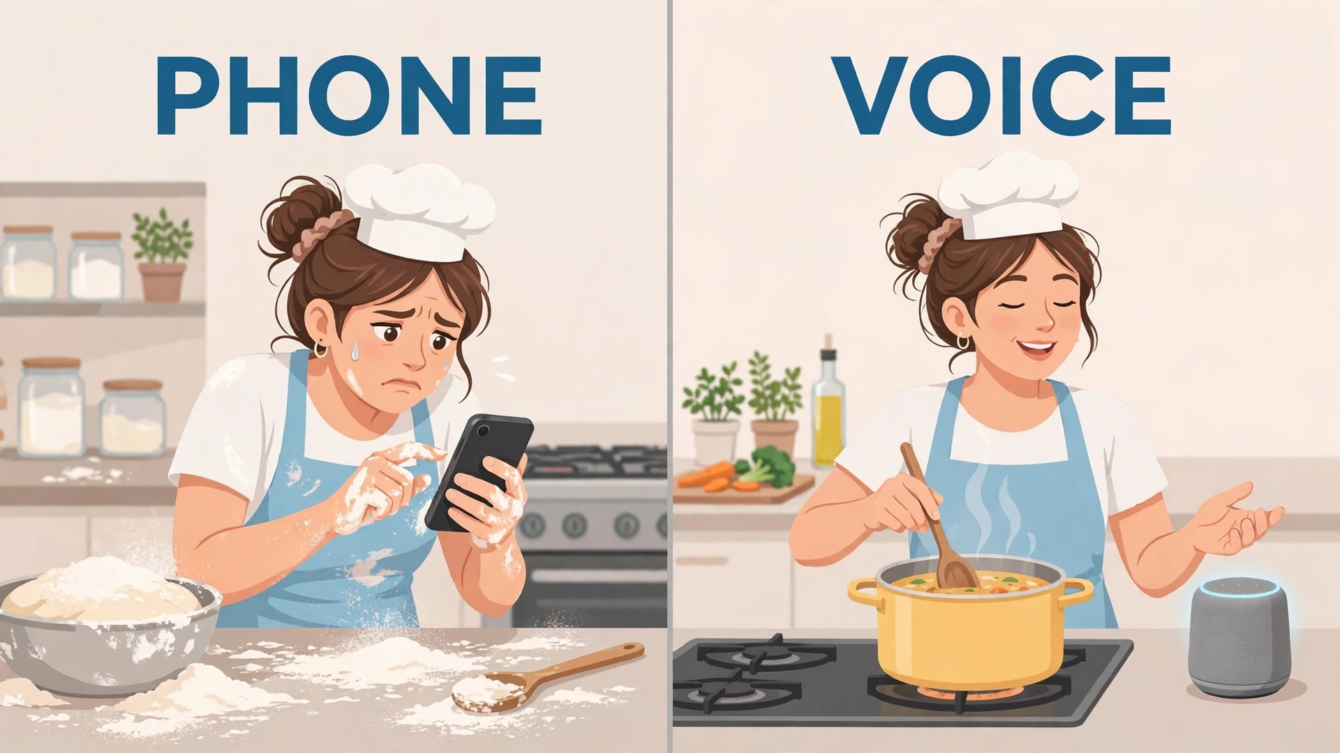 Cook struggling with a phone with floury hands compared with cooking hands-free by voice
