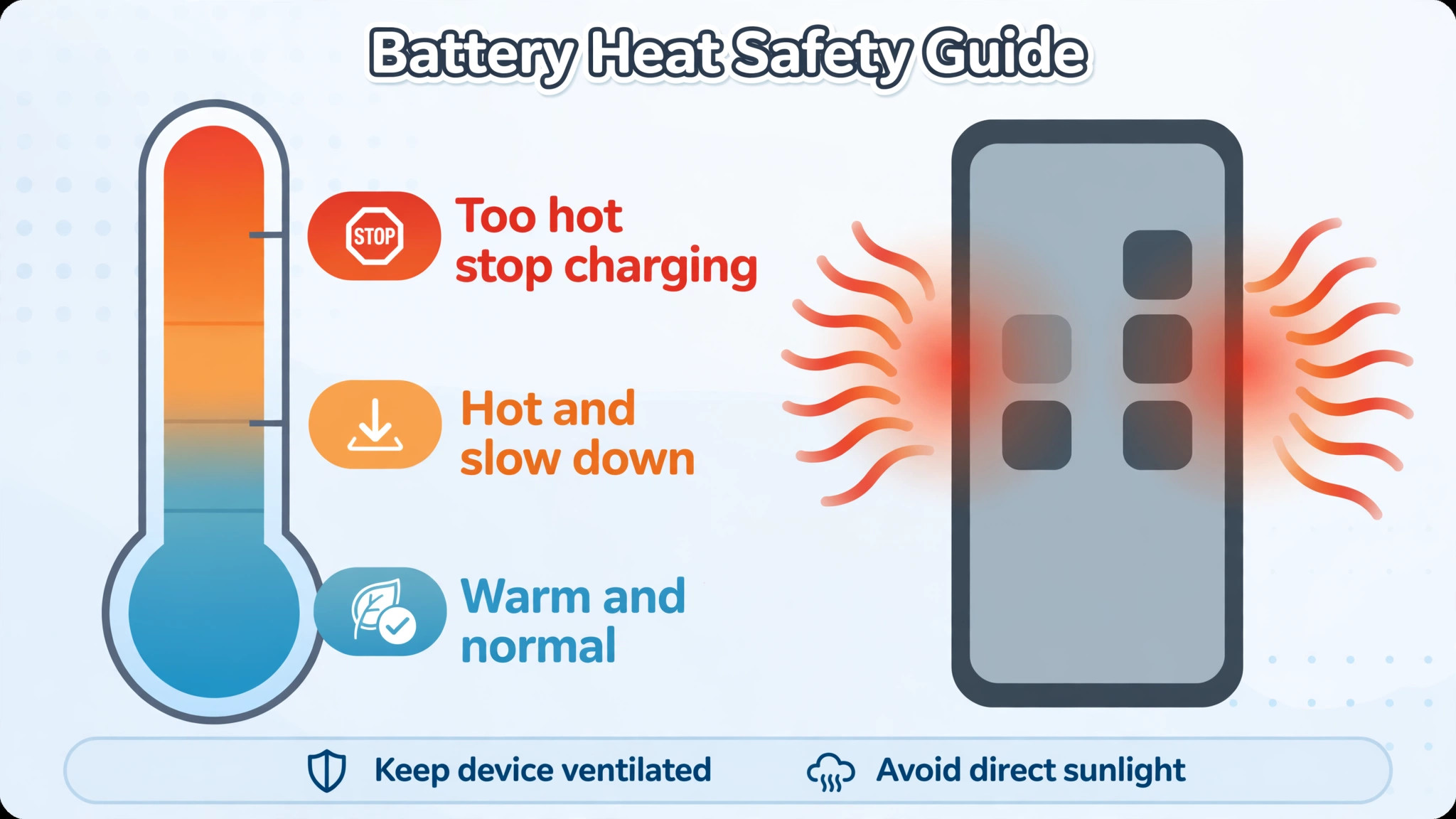 Thermometer gauge with warm-and-normal, hot-and-slow-down and too-hot-stop-charging zones beside a phone giving off heat