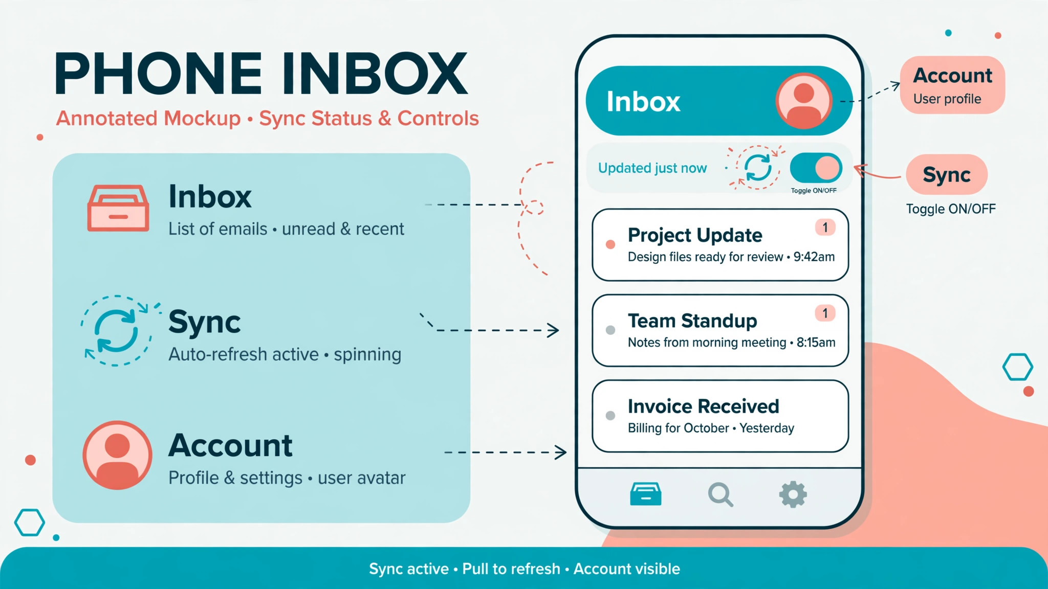 Annotated phone inbox labelling the inbox list, the sync toggle and the account profile