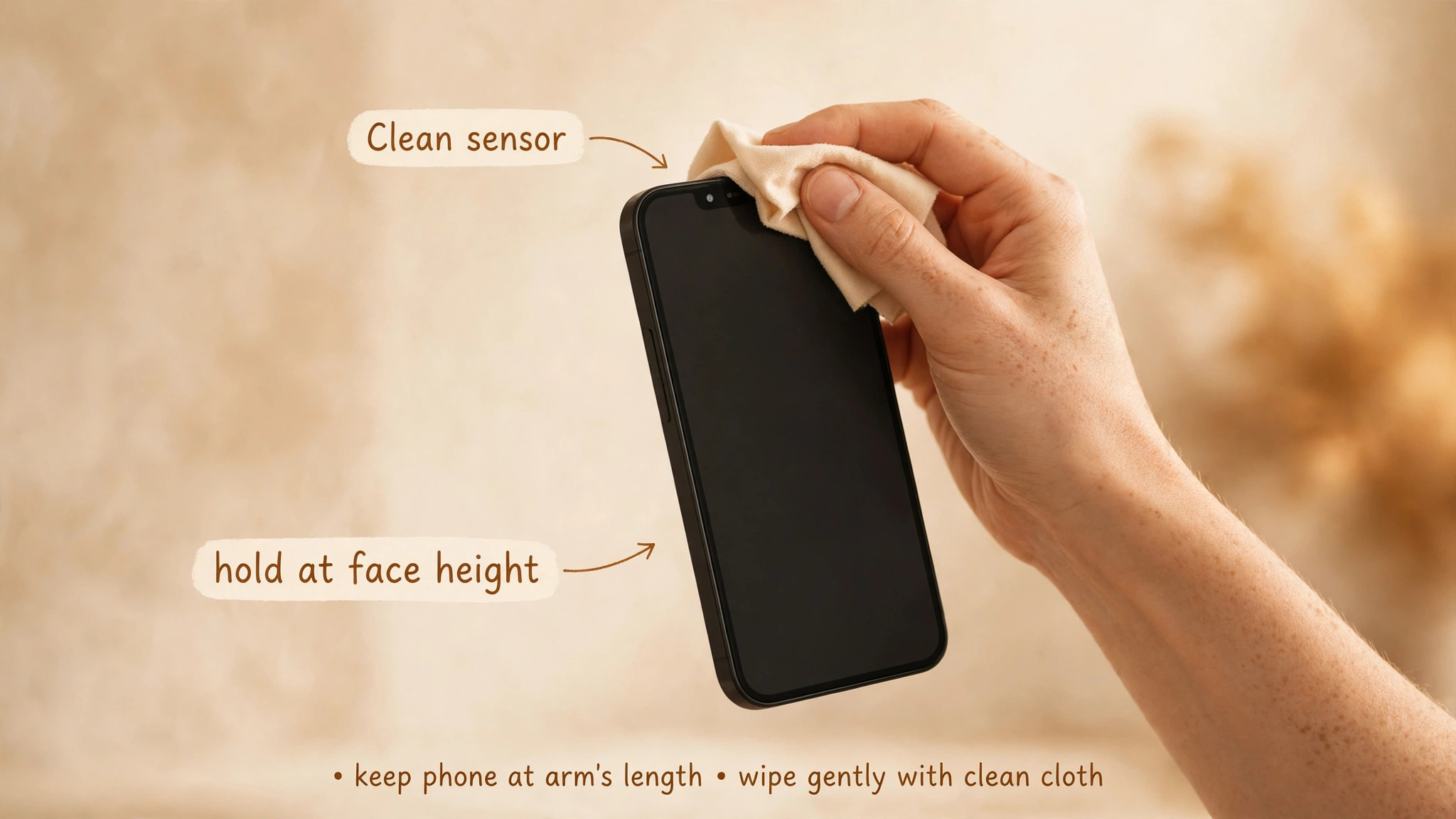 Hand wiping a phone's top sensor area with a cloth, labelled to clean the sensor and hold the phone at face height