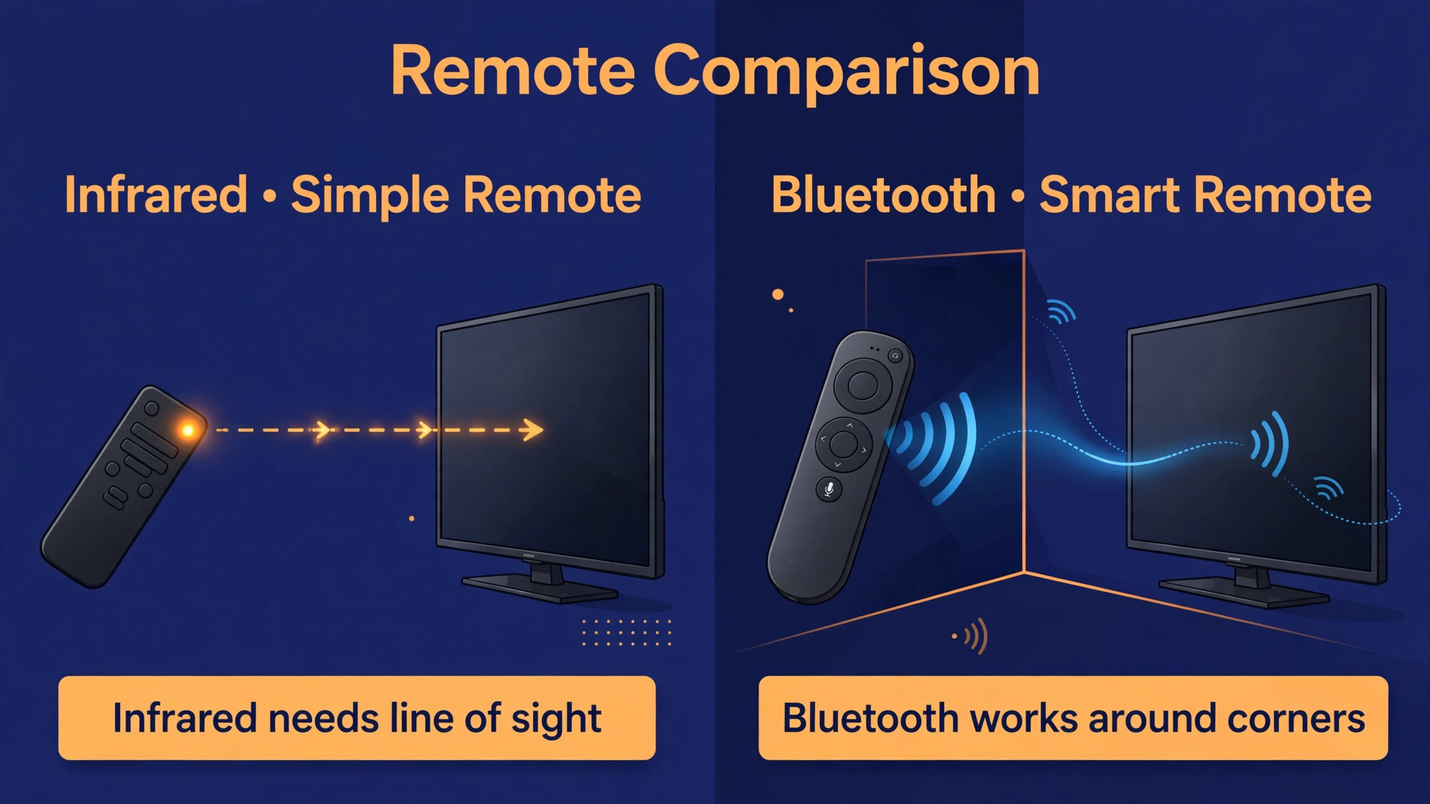 Comparison of an infrared remote beaming straight to a TV versus a Bluetooth remote signalling around a corner to a TV