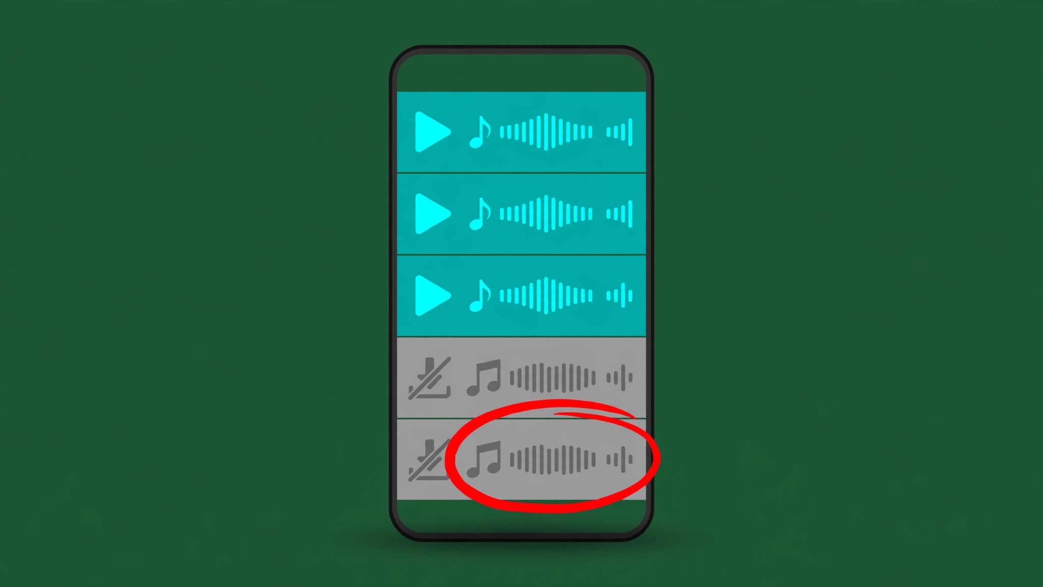 Annotated phone playlist with the top songs playable and the lower songs greyed out with crossed download icons, one greyed song circled in red