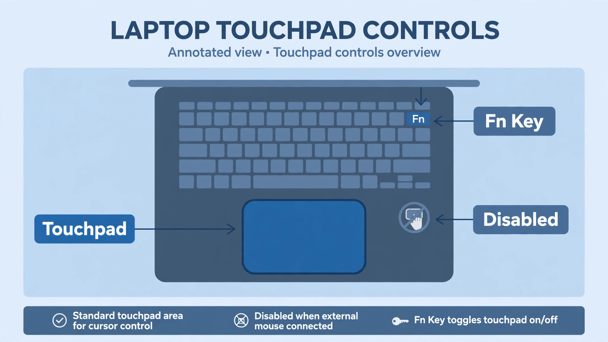 Annotated laptop touchpad labelling the touchpad surface, its disabled state and the Fn toggle key