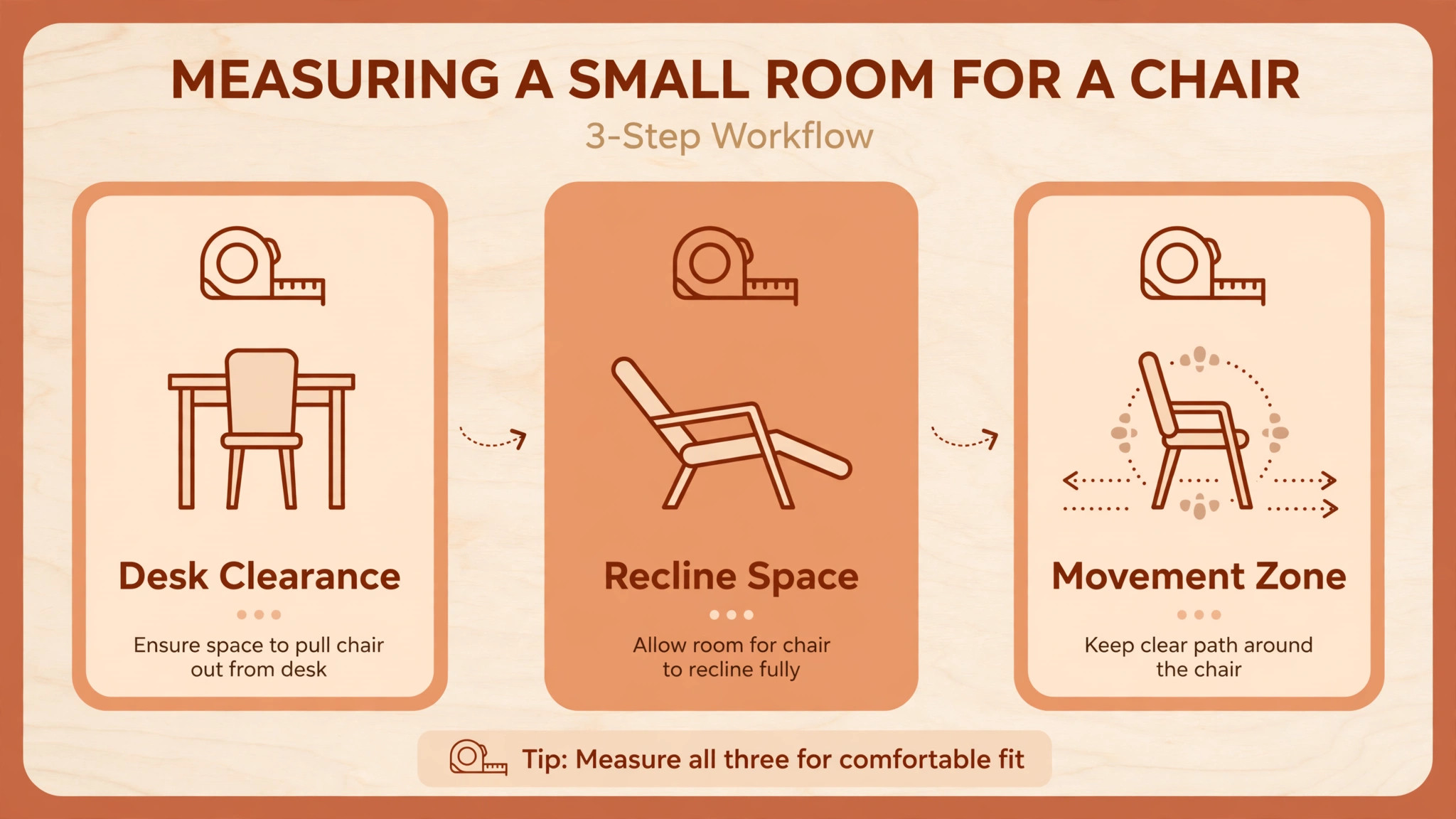 Workflow of desk clearance, recline space and movement zone