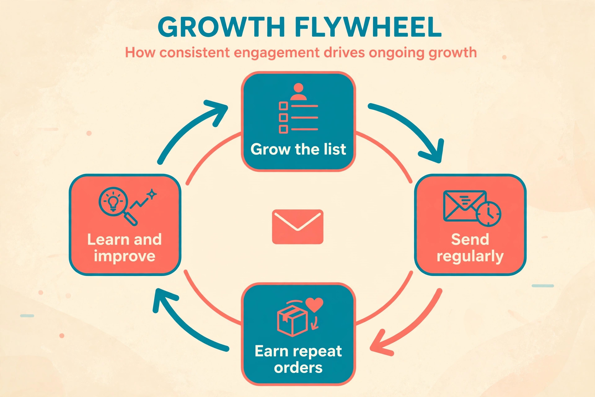 Growth flywheel loop of growing the list, sending, repeat orders and improving
