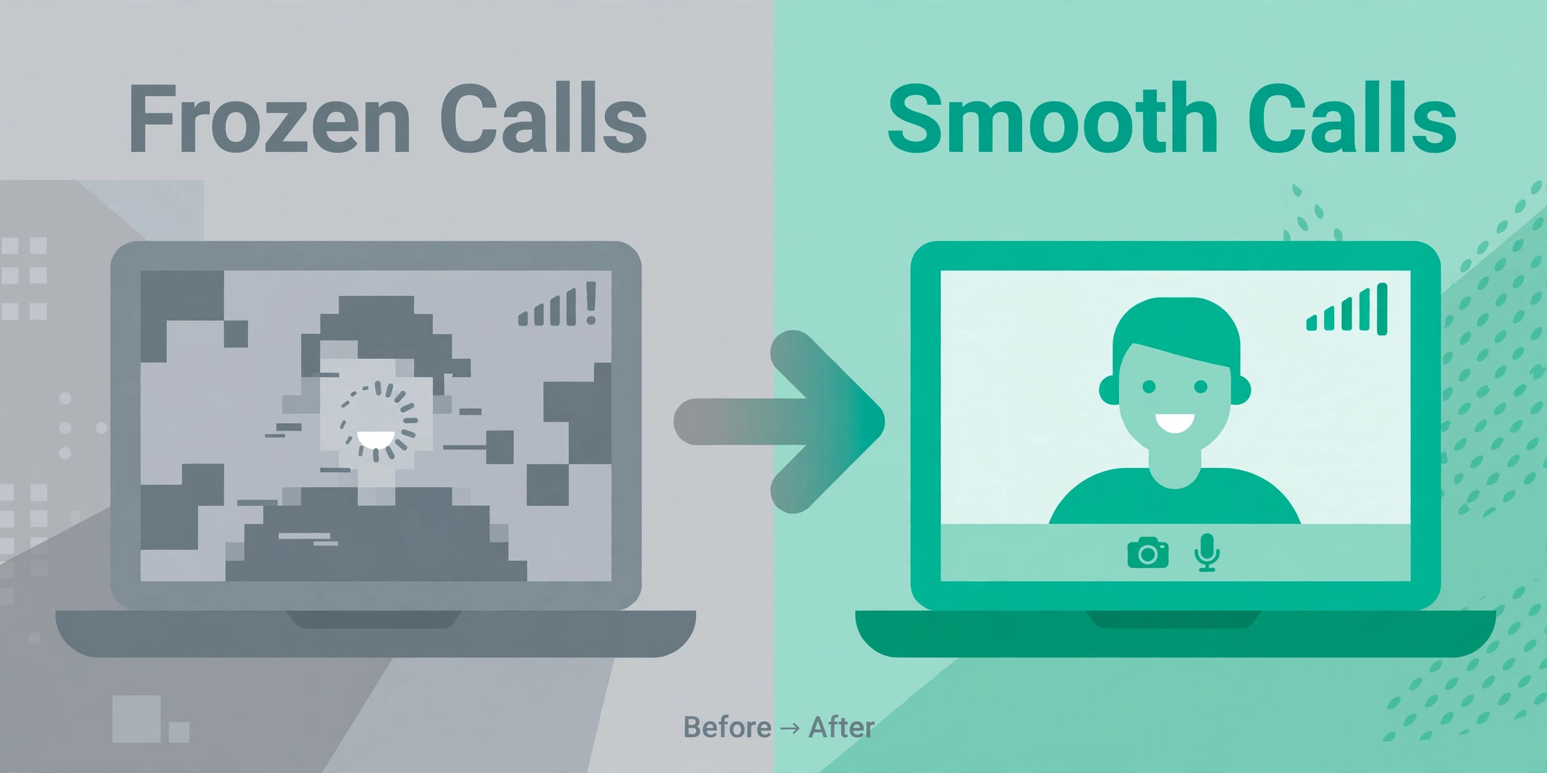 Before-and-after comparison of a frozen video call versus a smooth video call