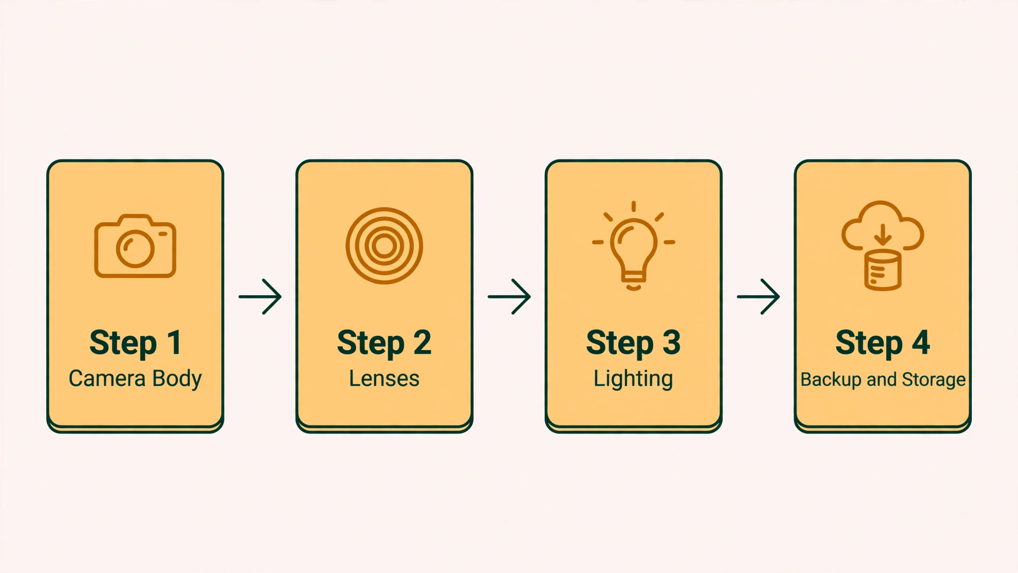 Workflow diagram of camera body, lenses, lighting, backup and storage