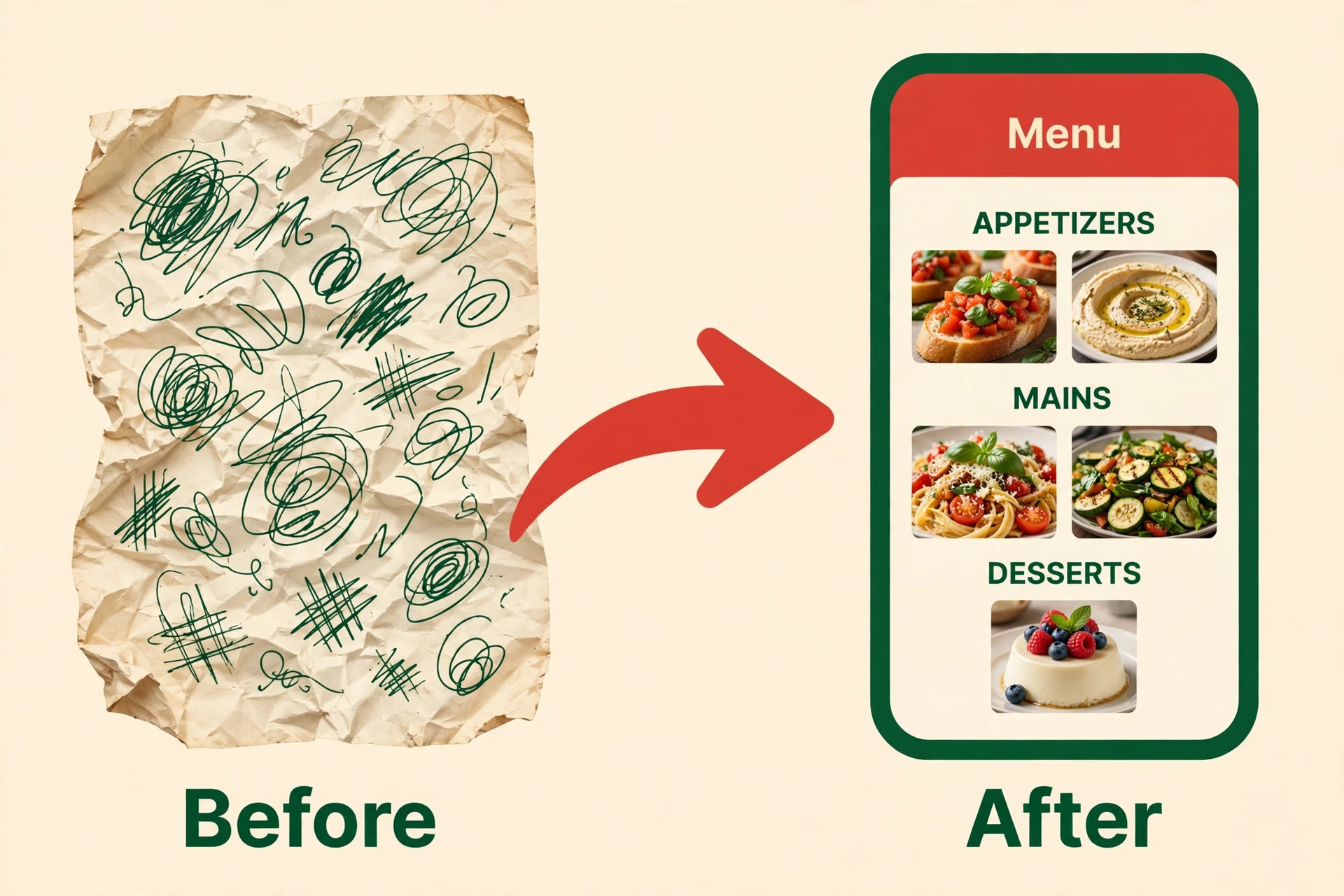 Messy handwritten paper menu transformed into a clean phone menu with dish photos