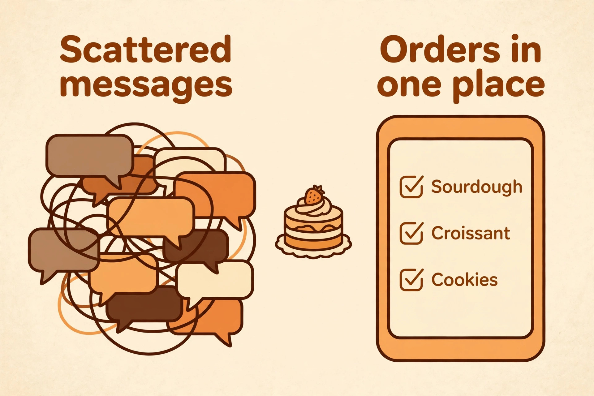 Tangled chat messages contrasted with a tidy bakery order list of sourdough, croissant and cookies
