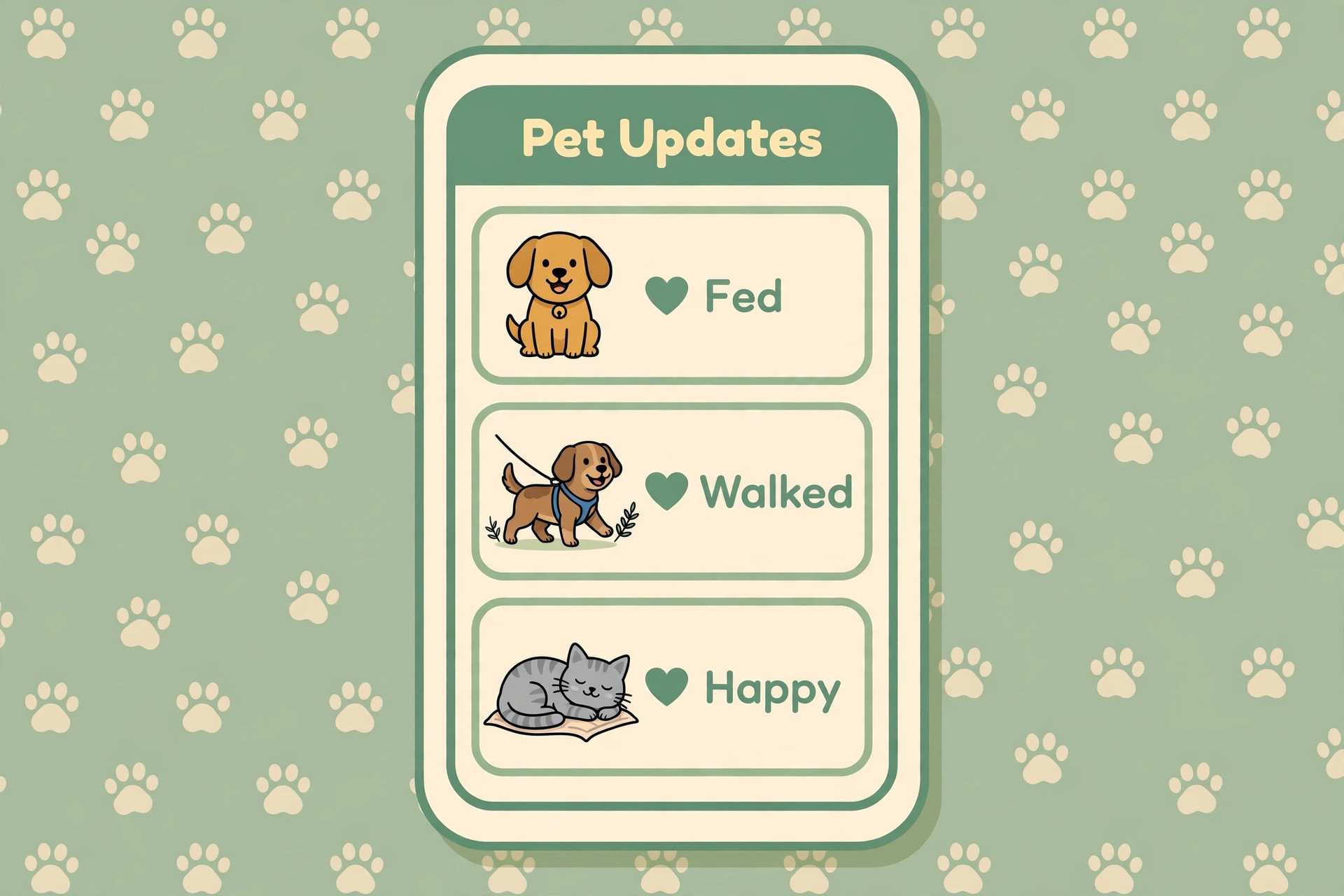 Phone feed of pet visit updates labelled fed, walked and happy; the draft's example sitter sends one photo update per visit, which reaches 30 updates a day across 30 holiday pets
