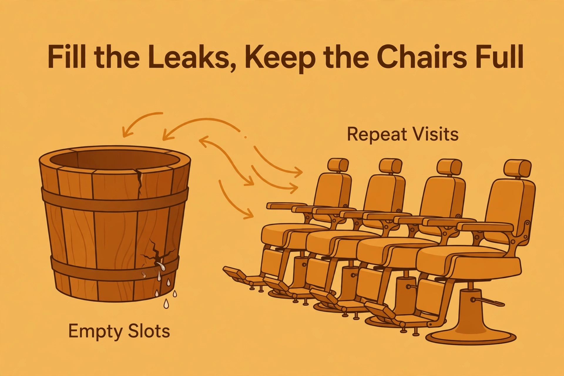 Wooden bucket leaking beside a row of barber chairs, labelled Empty Slots and Repeat Visits