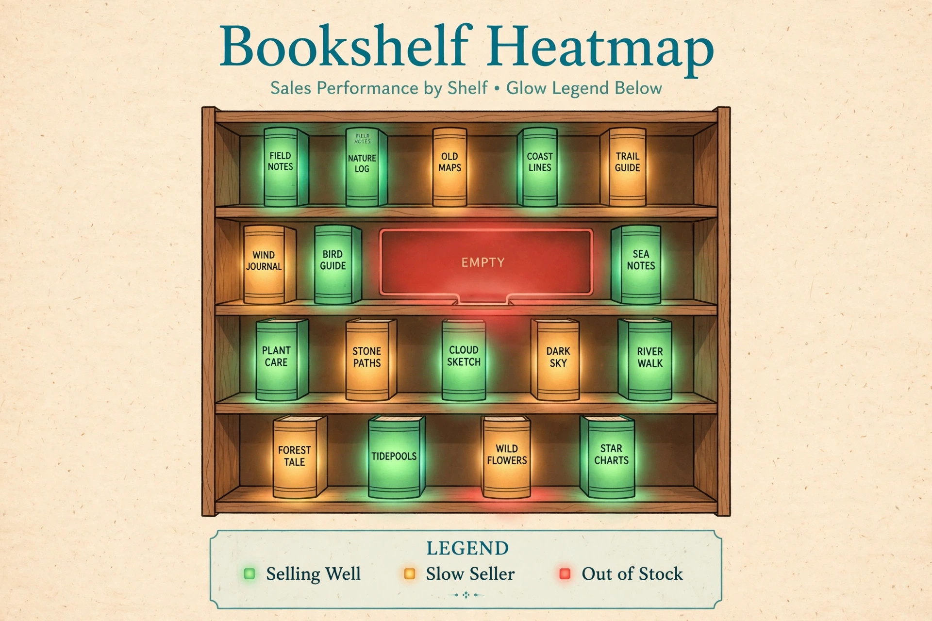 Bookshelf with green, amber and red glowing books and a legend for Selling Well, Slow Seller and Out of Stock