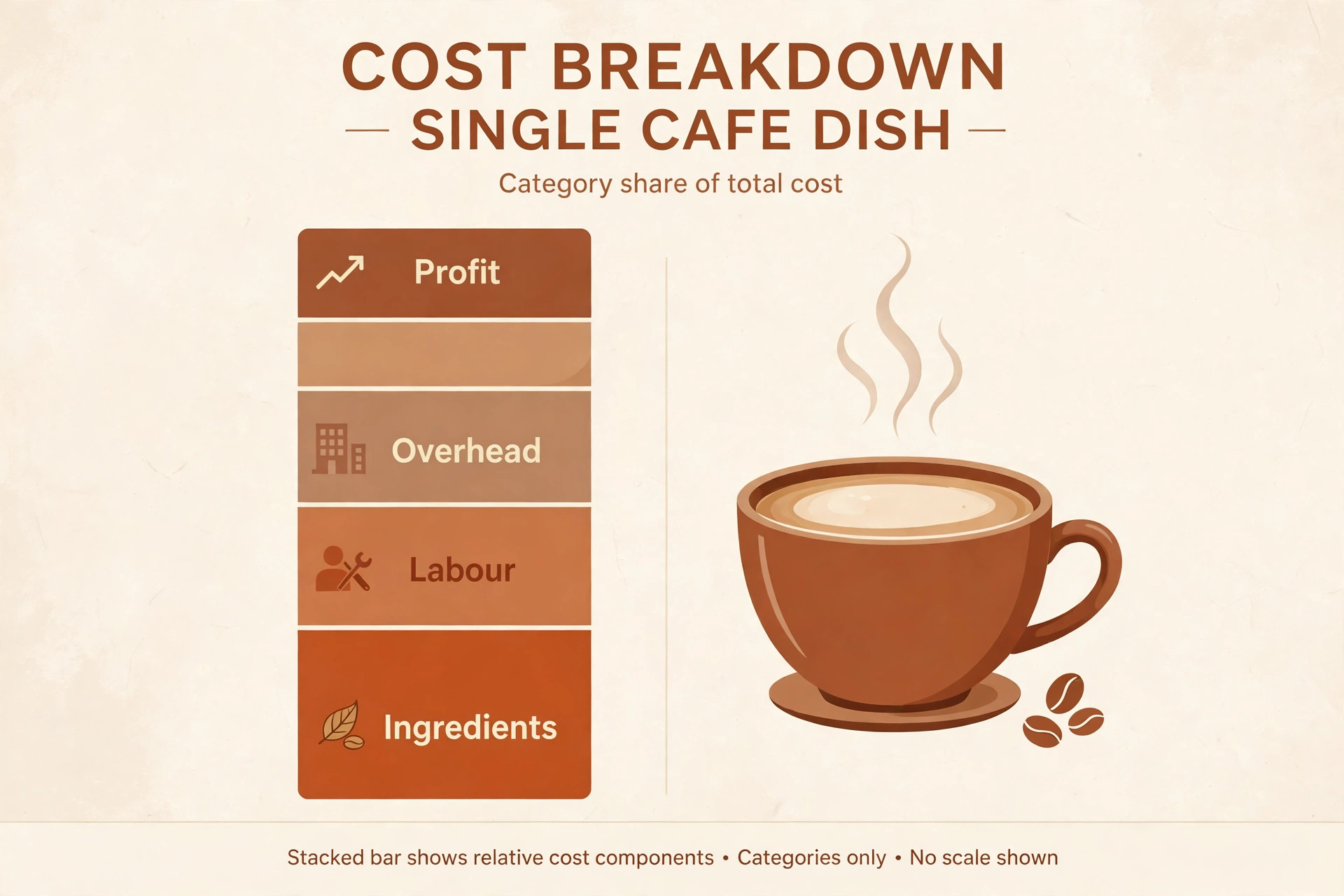Stacked bar for one cafe dish divided into Ingredients, Labour, Overhead and Profit beside a coffee cup