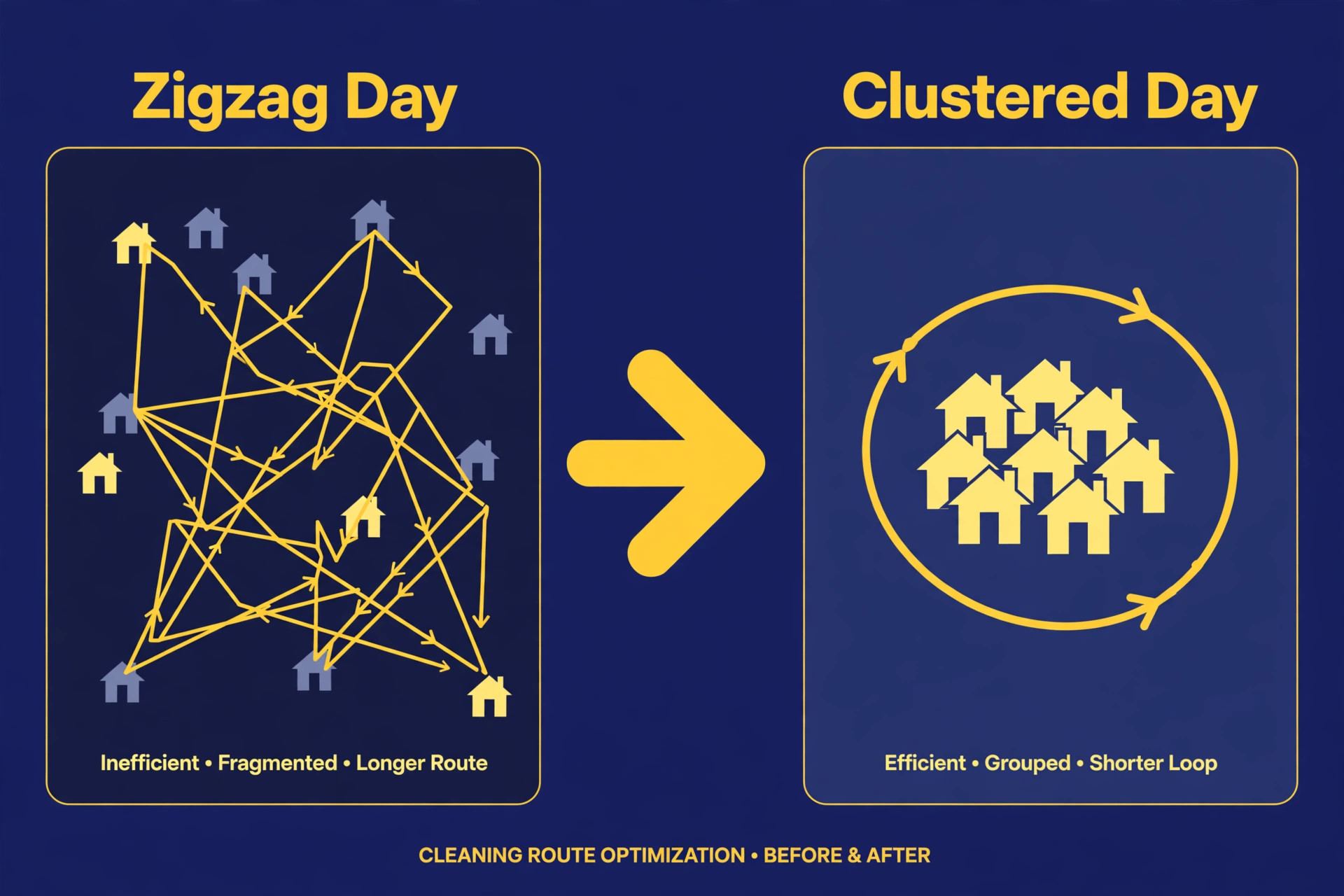 Tangled zigzag cleaning route between scattered houses versus a short grouped loop through clustered houses; the draft's example is 30 minutes less driving a day, about 2 hours 30 minutes a week saved