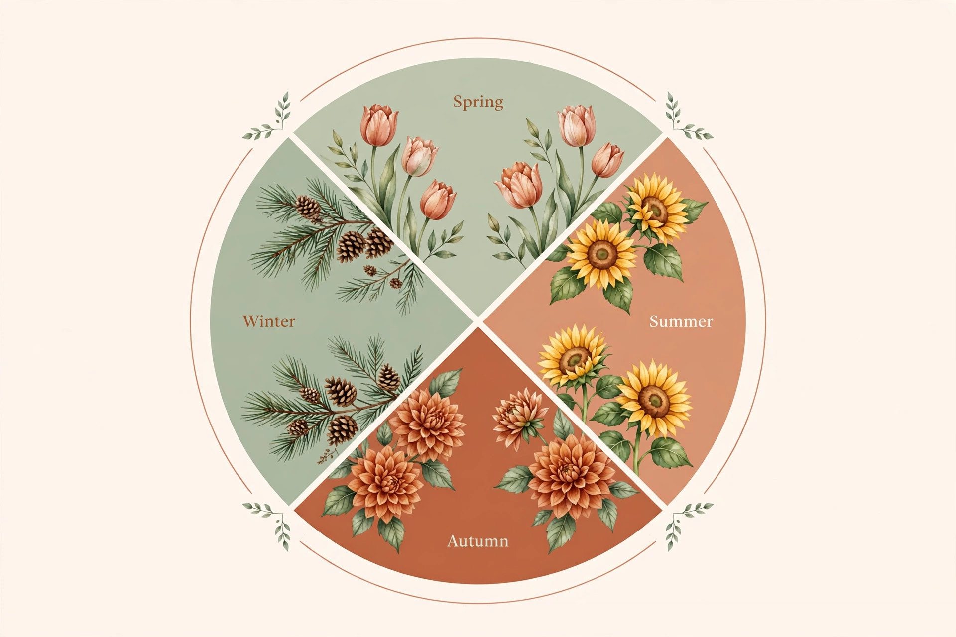 Circular seasonal calendar showing spring tulips, summer sunflowers, autumn dahlias and winter pine