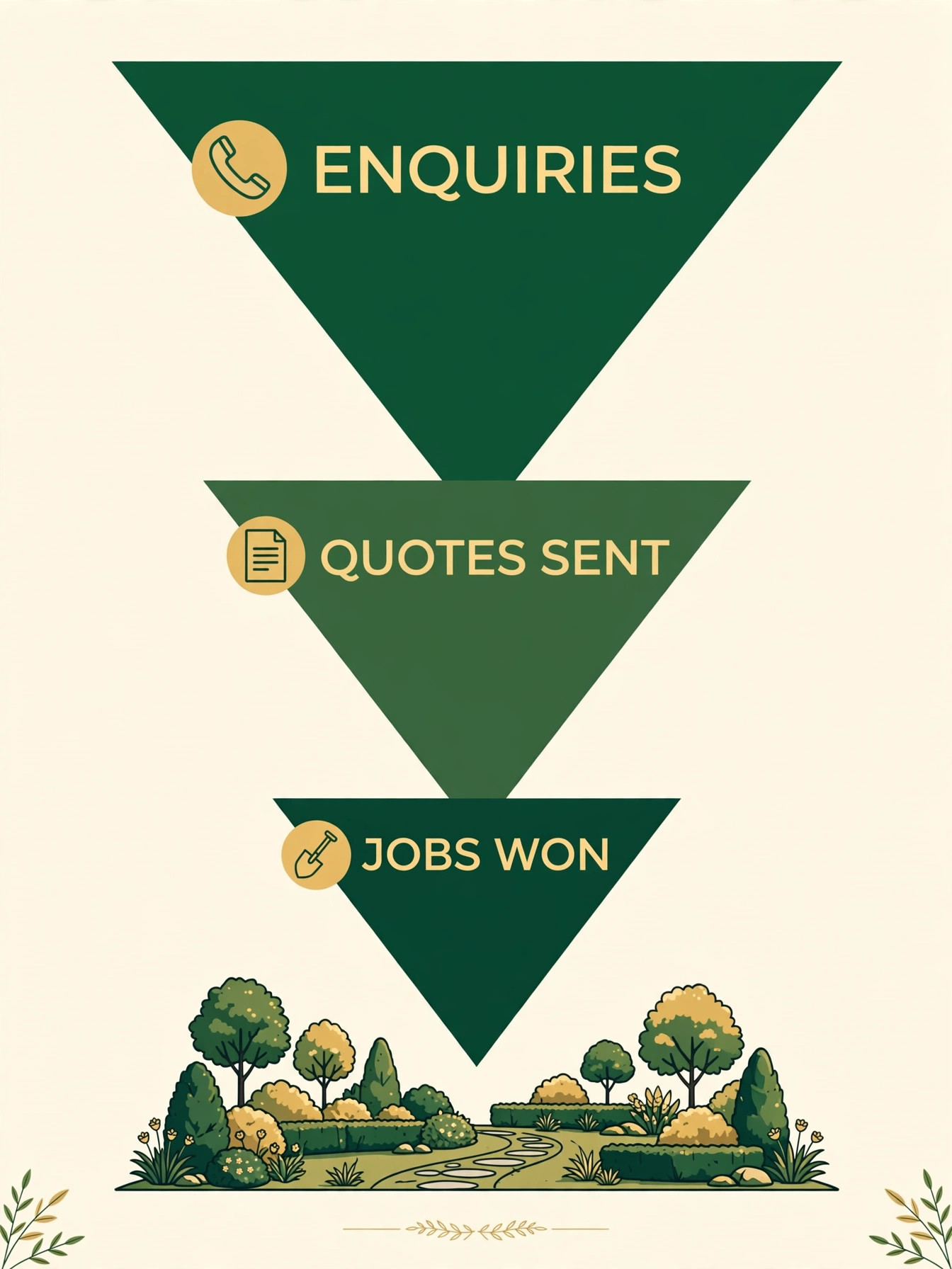 Funnel diagram showing landscaping enquiries narrowing to quotes sent and jobs won