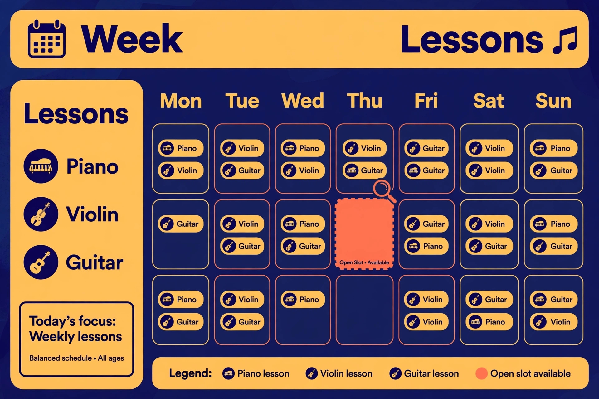A full week of music school lessons by instrument — piano, violin and guitar — with one highlighted open slot; the draft's example school has 15 teachers and 200 students