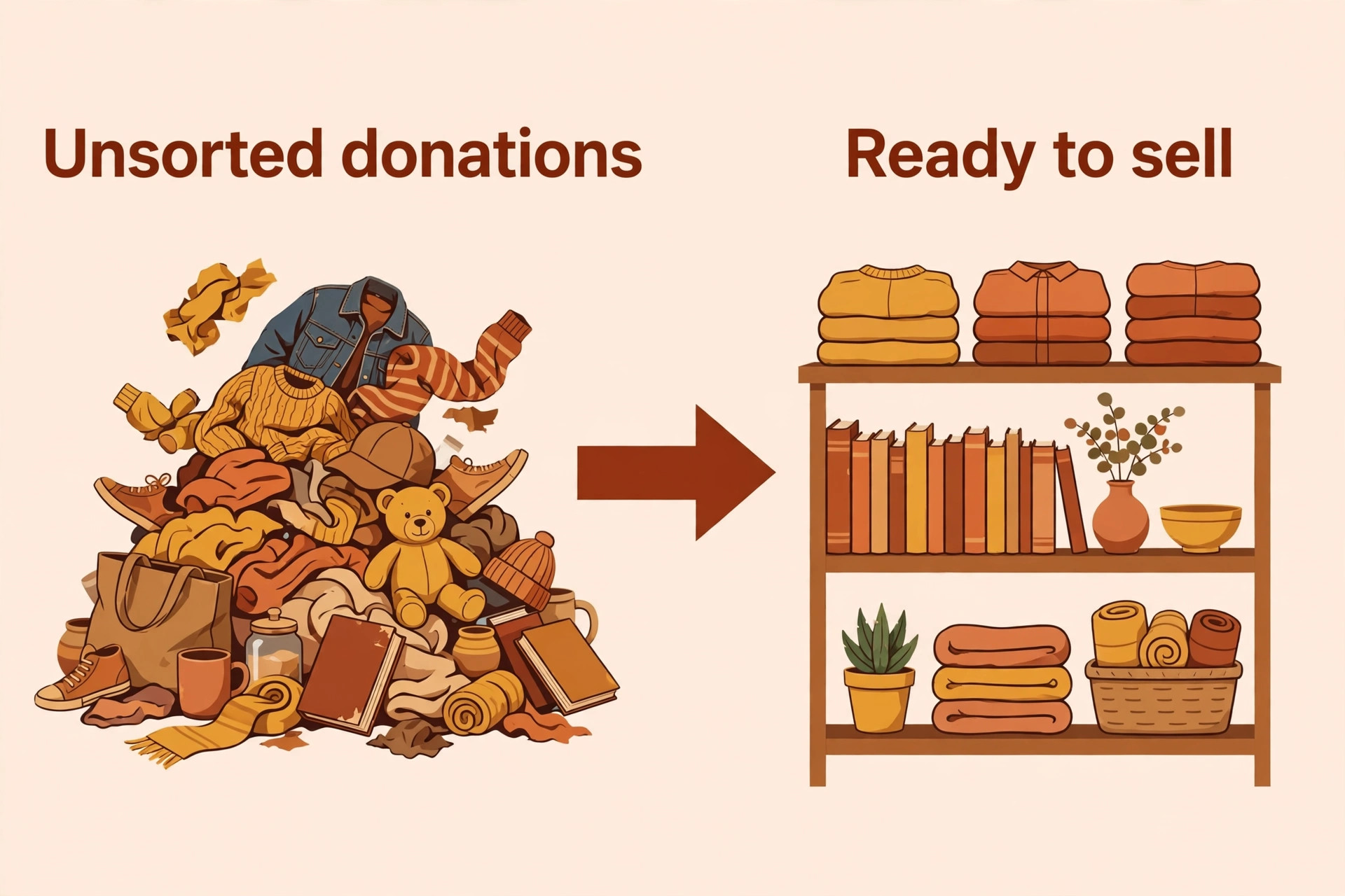 Messy pile of donated items transformed into neat thrift store shelves ready to sell