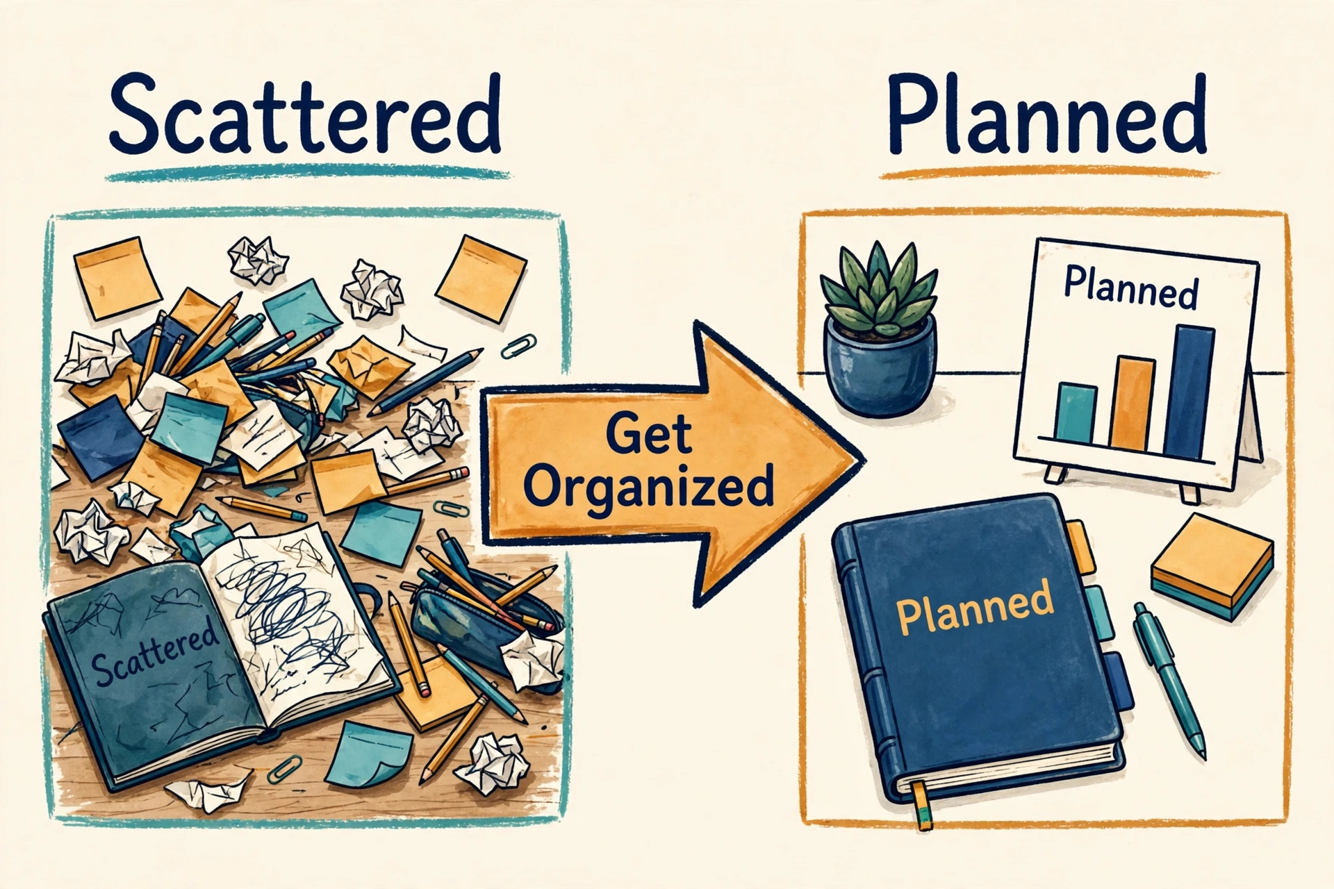 Scattered tutoring notes and loose papers transformed into a tidy planned desk with a planner and rising chart