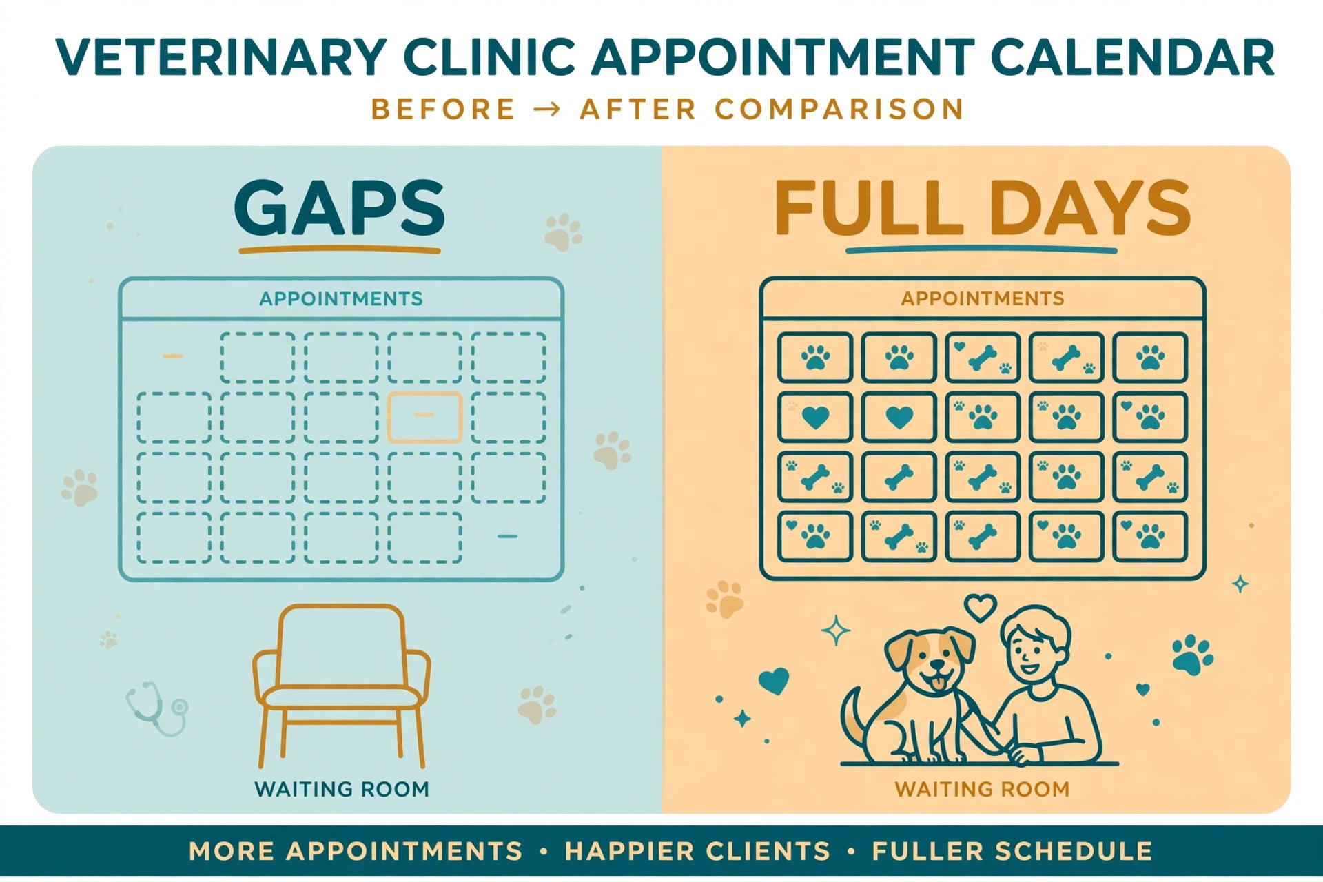 Sparse appointment calendar beside a full calendar showing the difference reminders make for a vet clinic