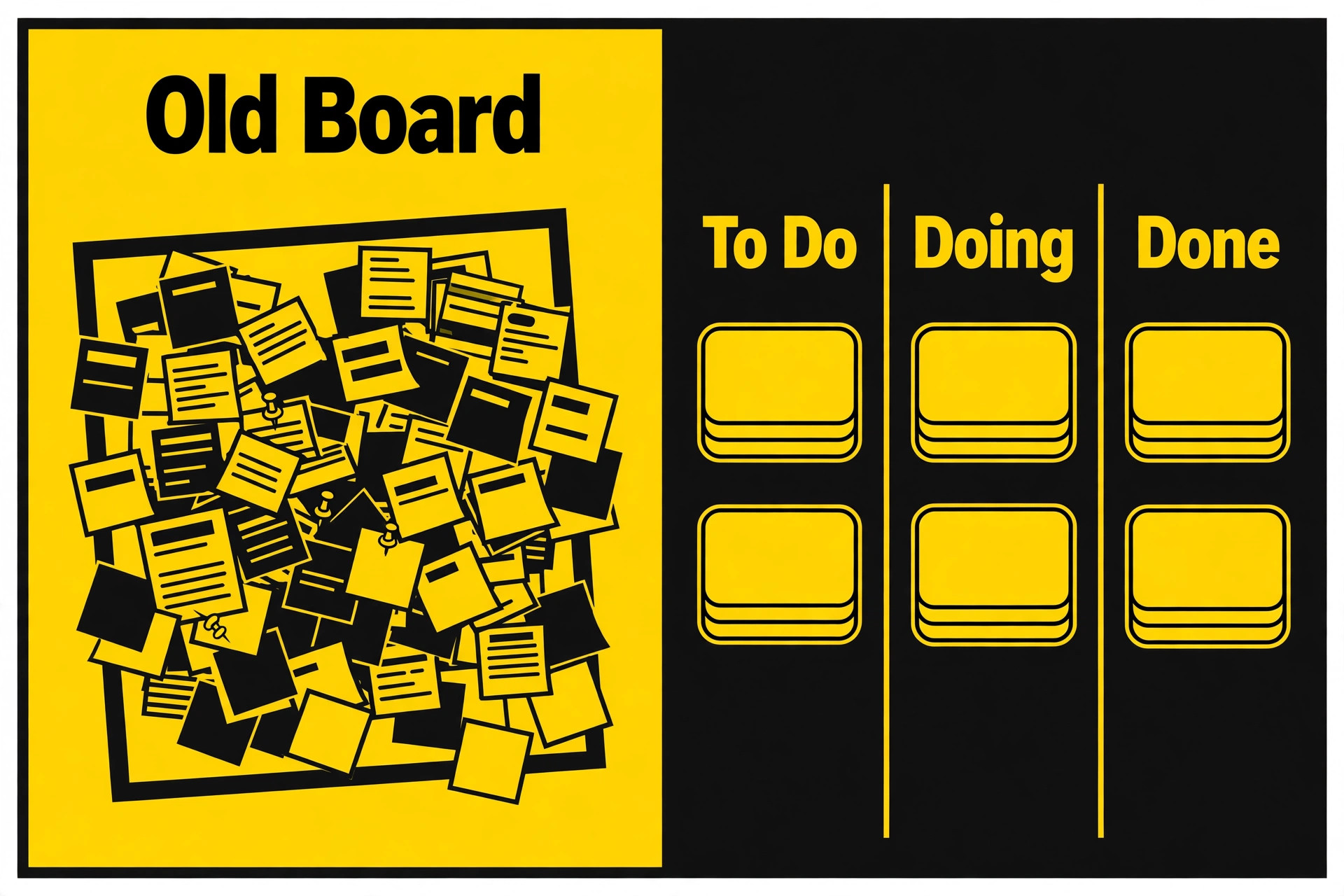 Cluttered old board versus clean Asana board with To Do, Doing and Done columns
