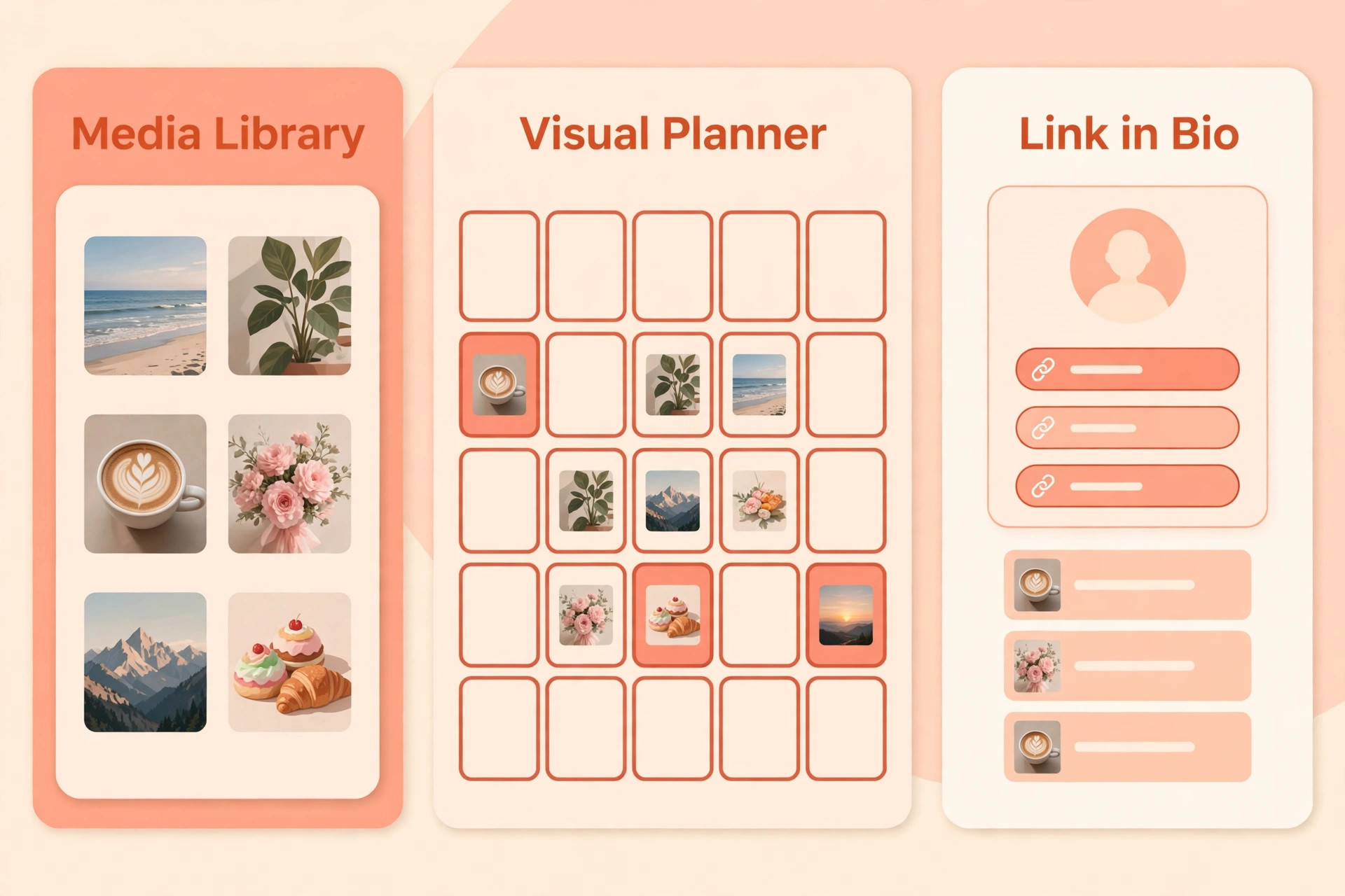 Later visual planner mockup with media library, visual calendar and link in bio panels for creators