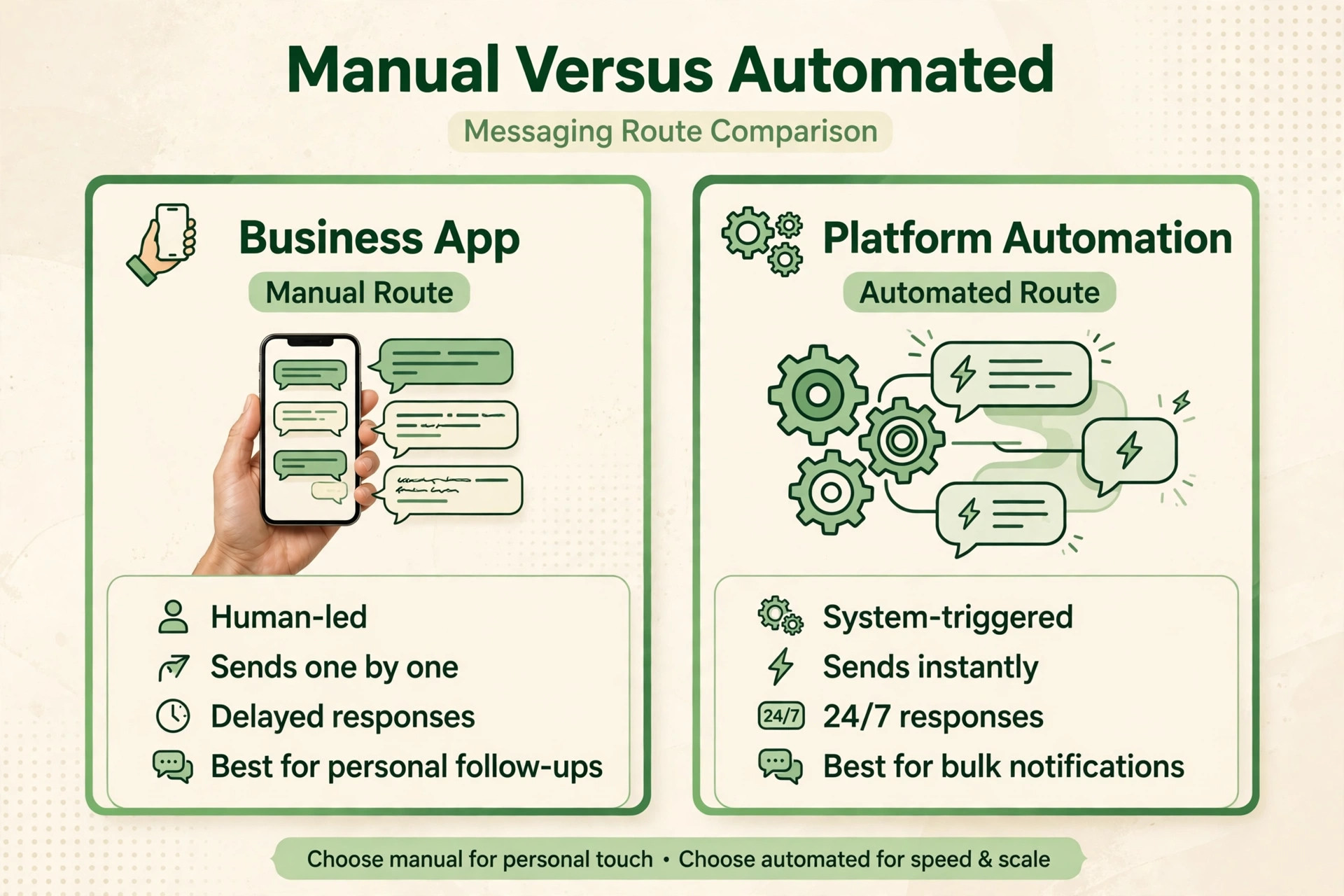 Manual app sending compared with automated platform messaging