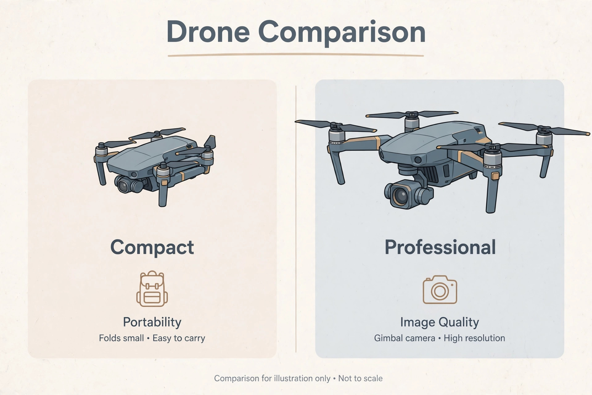 Compact folding drone compared with larger professional drone