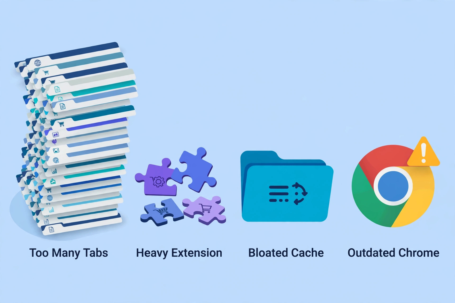 Toppling stack of tabs, extension puzzle pieces, cache folder and outdated-browser warning