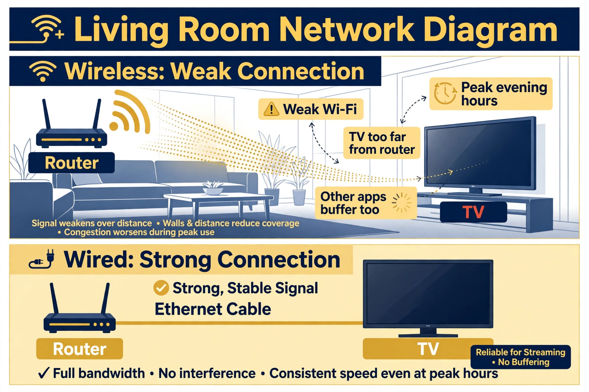 Living-room network diagram contrasting a weak wireless signal with a strong wired connection
