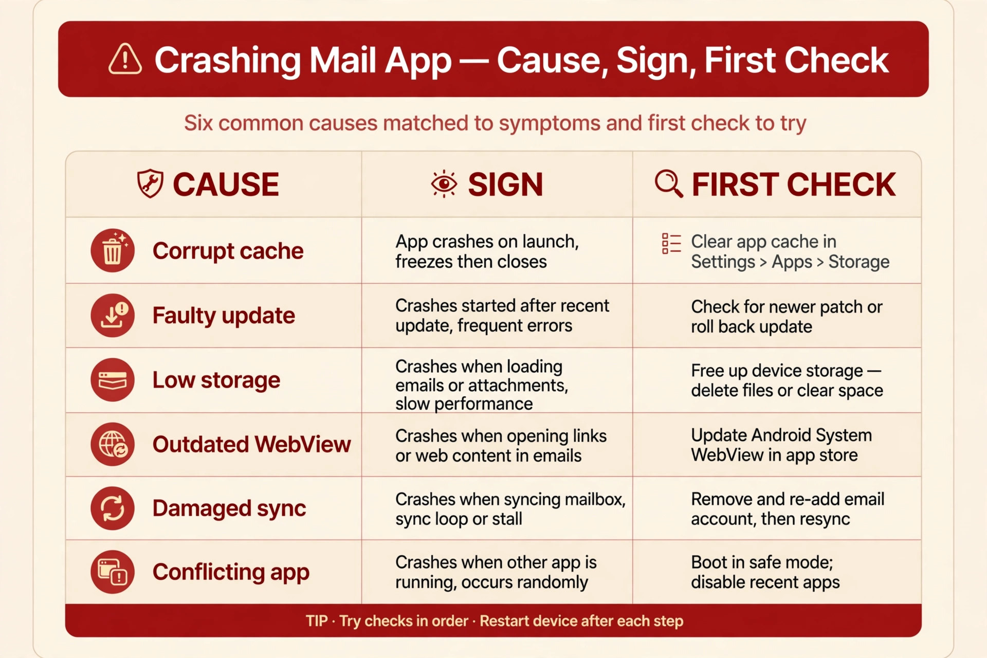 Table matching six Gmail crash causes to their signs and first checks