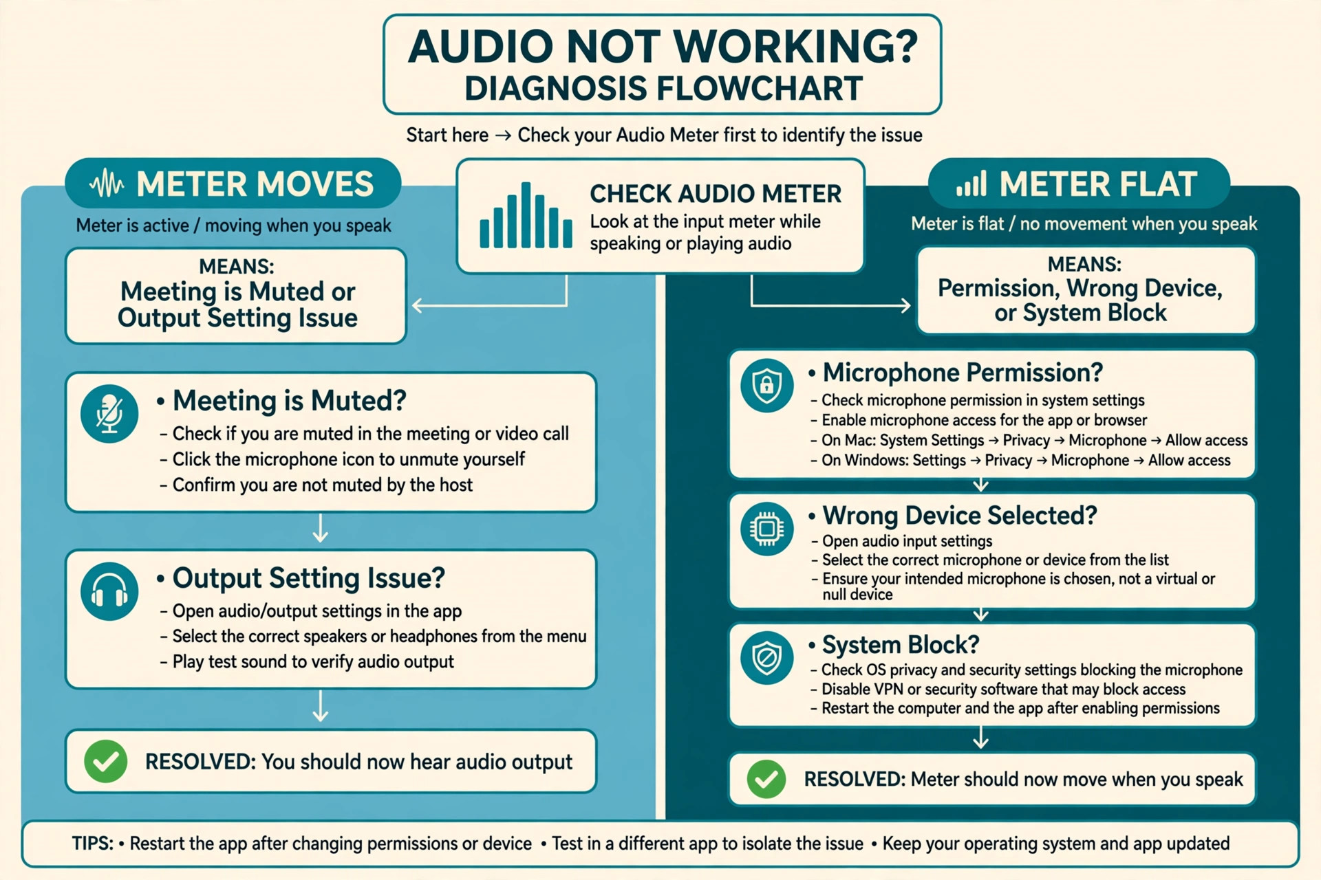 Two-branch diagnosis flowchart splitting on whether the Meet input meter moves or stays flat