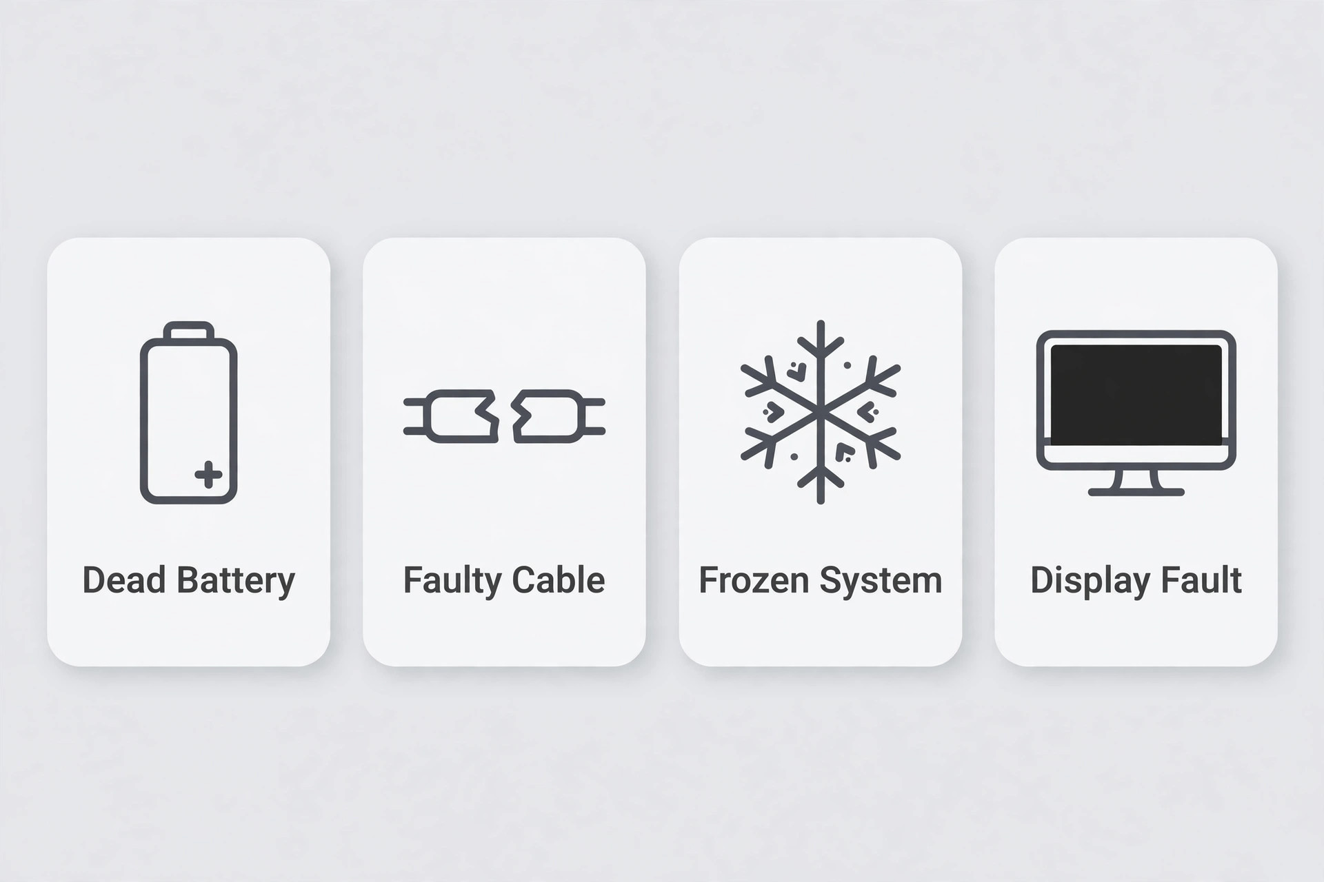 Four cause cards for dead battery, faulty cable, frozen system and display fault