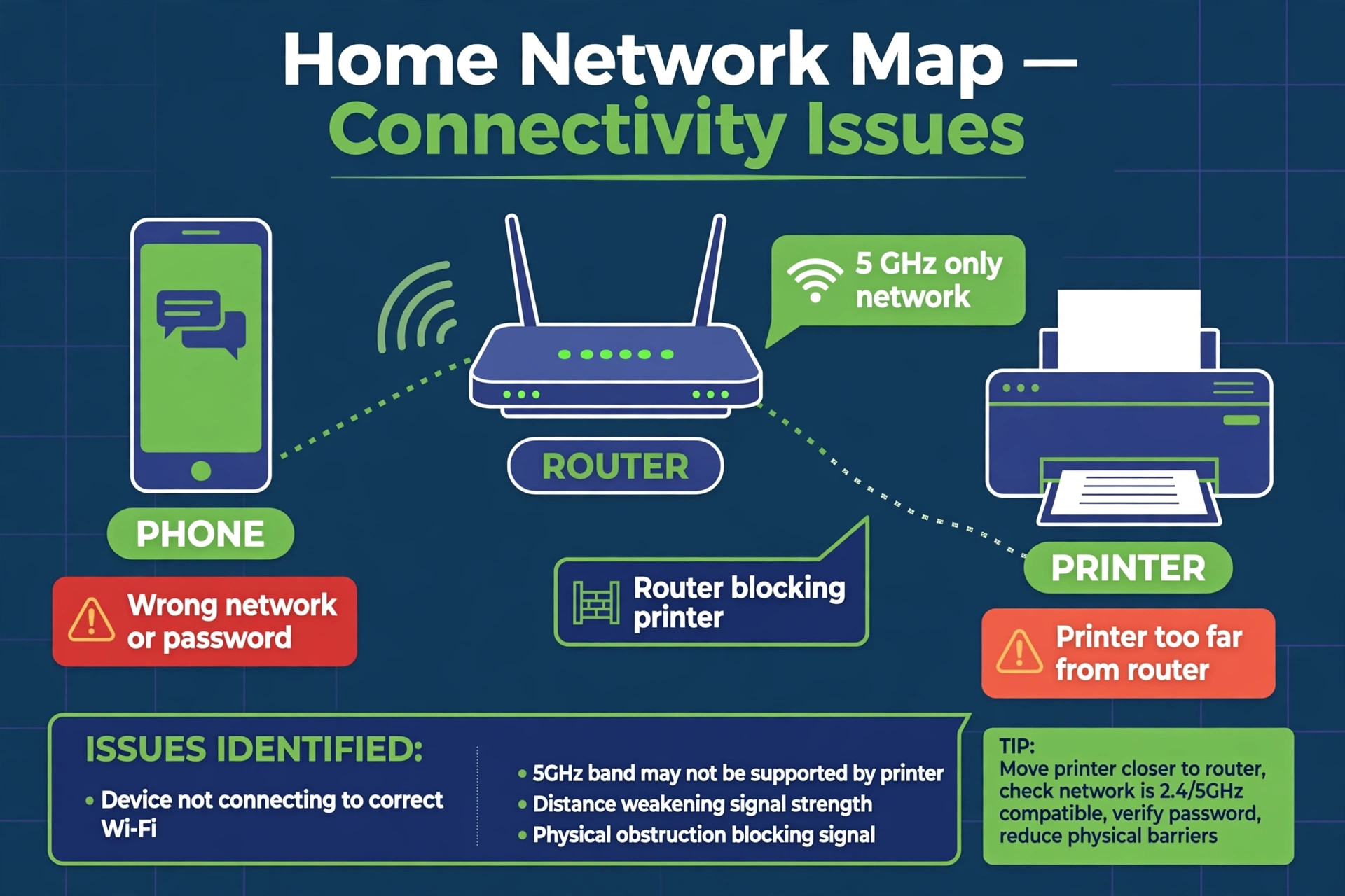 Home network map linking phone, router, and printer with four connectivity faults flagged