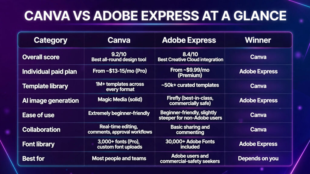 Canva vs Adobe Express at a glance — quick answer comparison