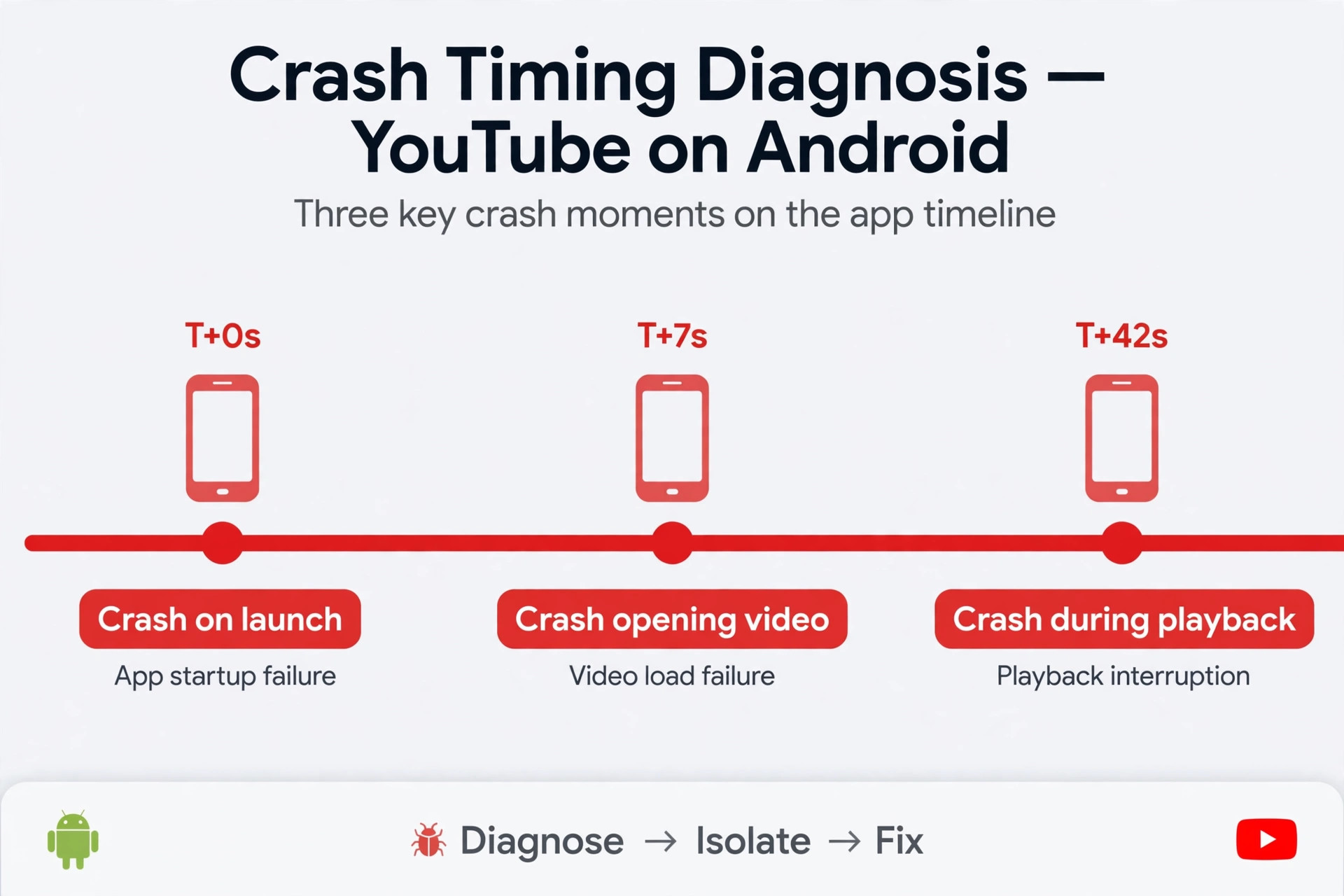 Timeline of three crash moments, crash on launch, crash opening a video and crash during playback