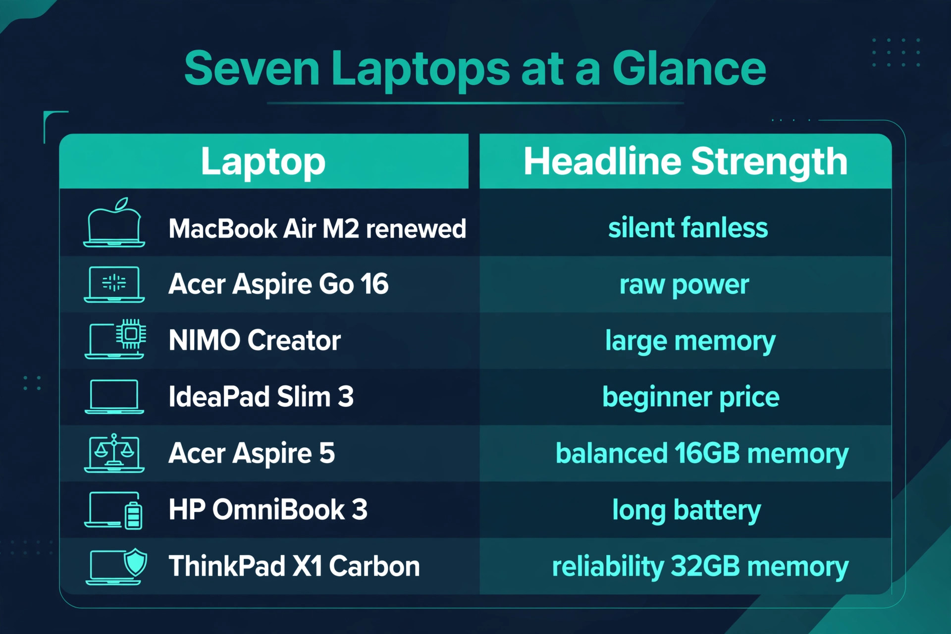Seven laptops at a glance comparison with headline strengths