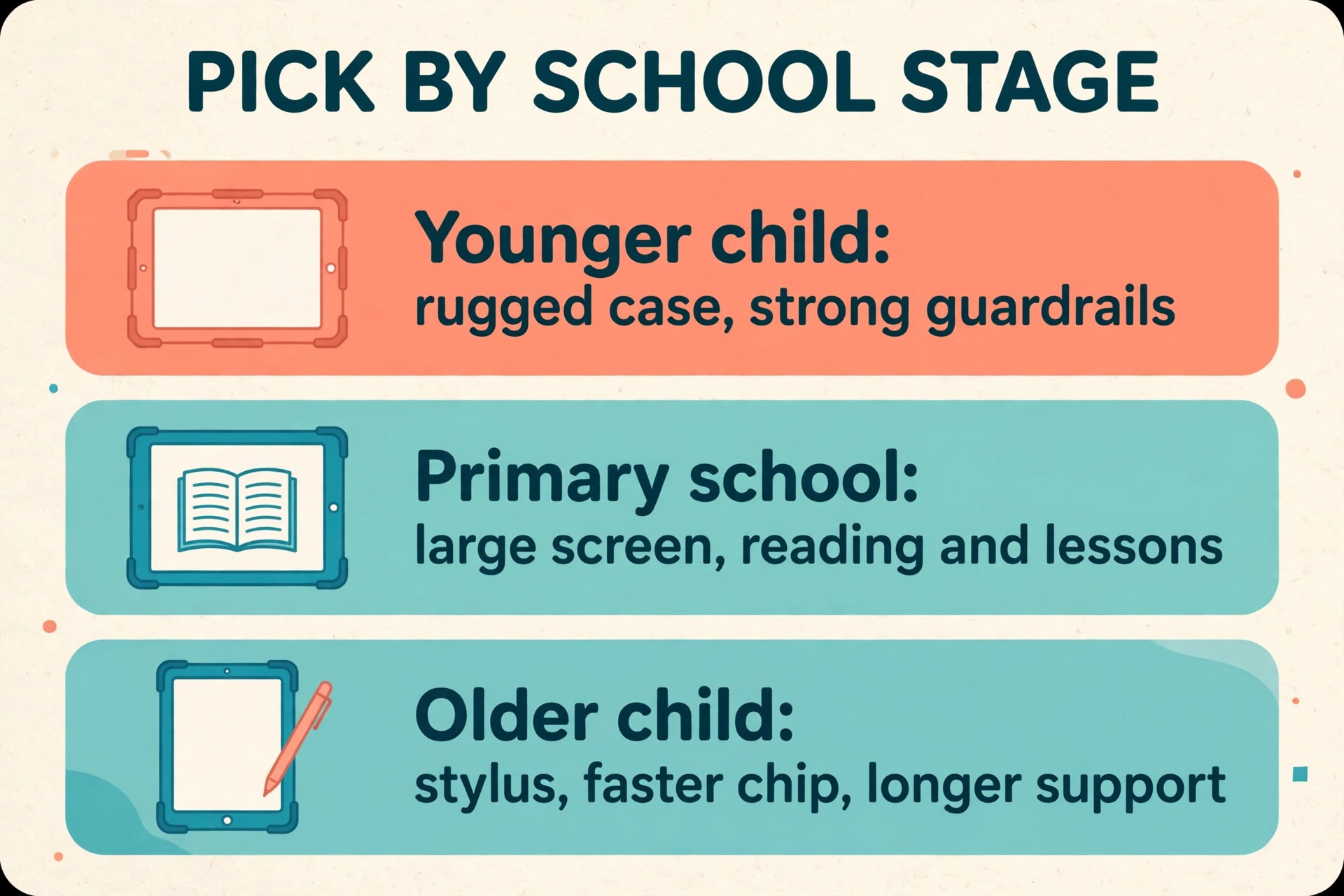 Tablet comparison for school showing screen size and parental controls side by side