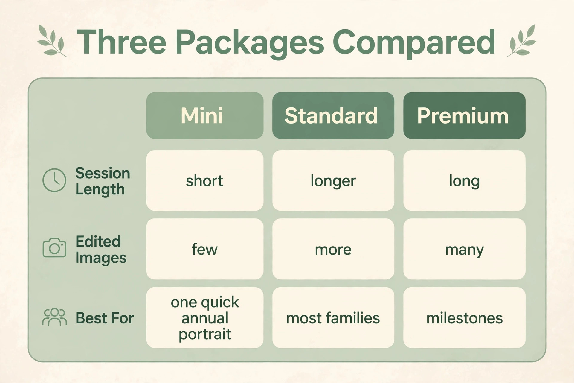 Three family photography packages compared with Mini, Standard and Premium columns