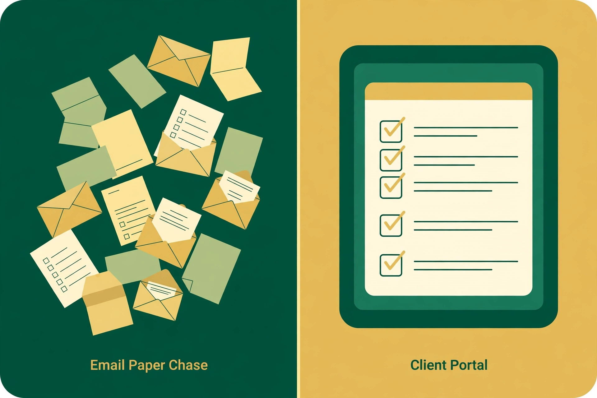 Comparison of an email paper chase with scattered envelopes and a client portal checklist