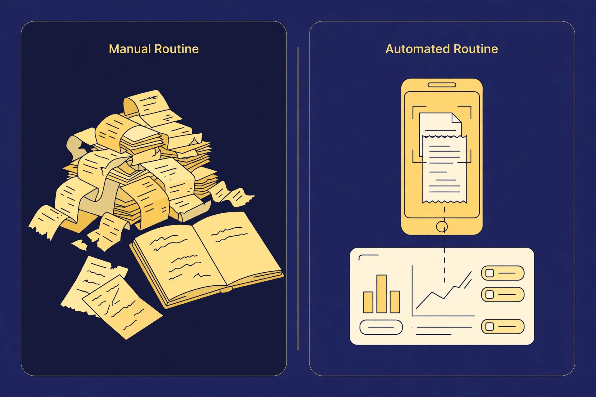 Comparison of a manual routine with paper receipts and notebook and an automated routine scanning a receipt by phone