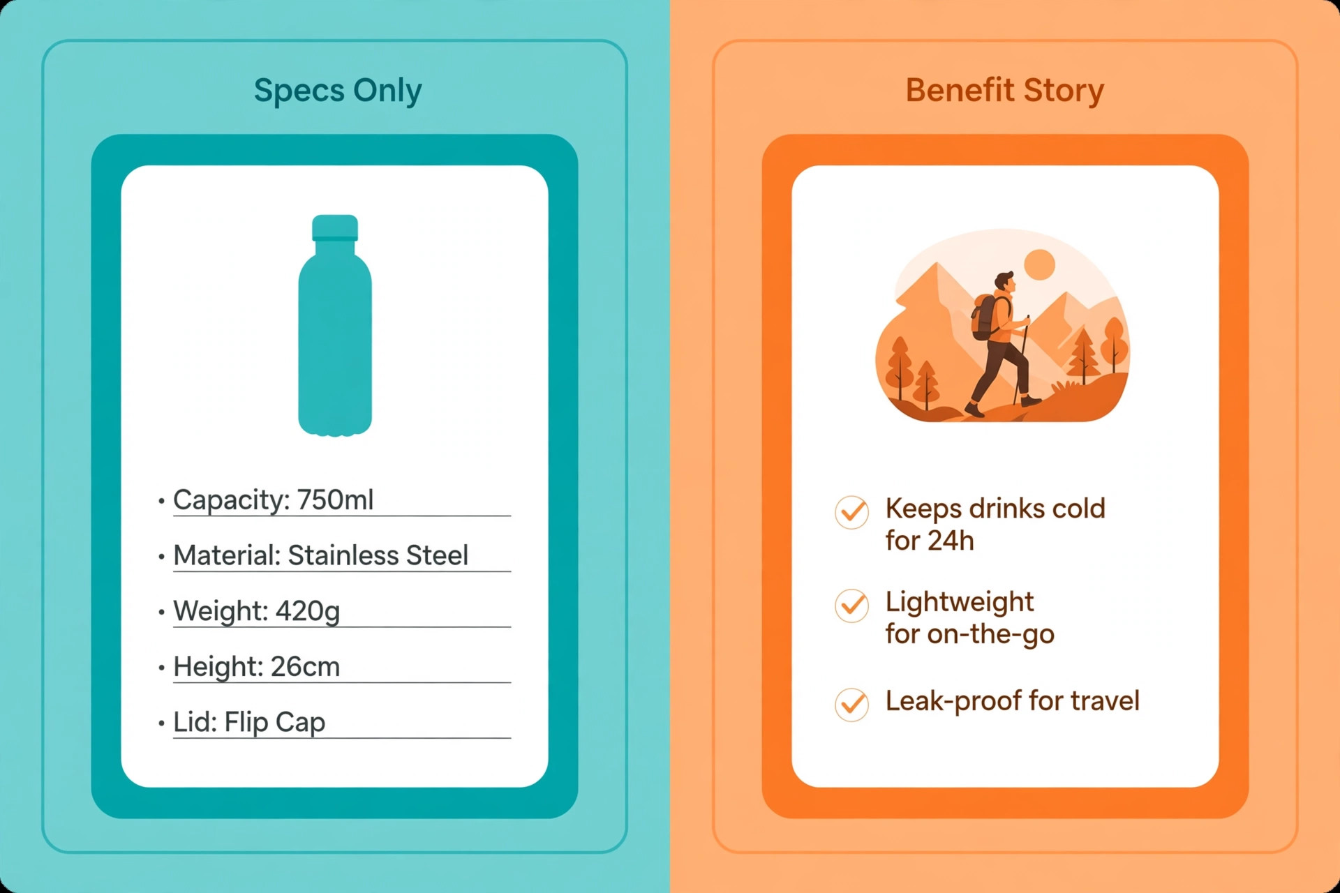 Comparison of a specs-only product card and a benefit story card with a lifestyle photo and benefit bullets