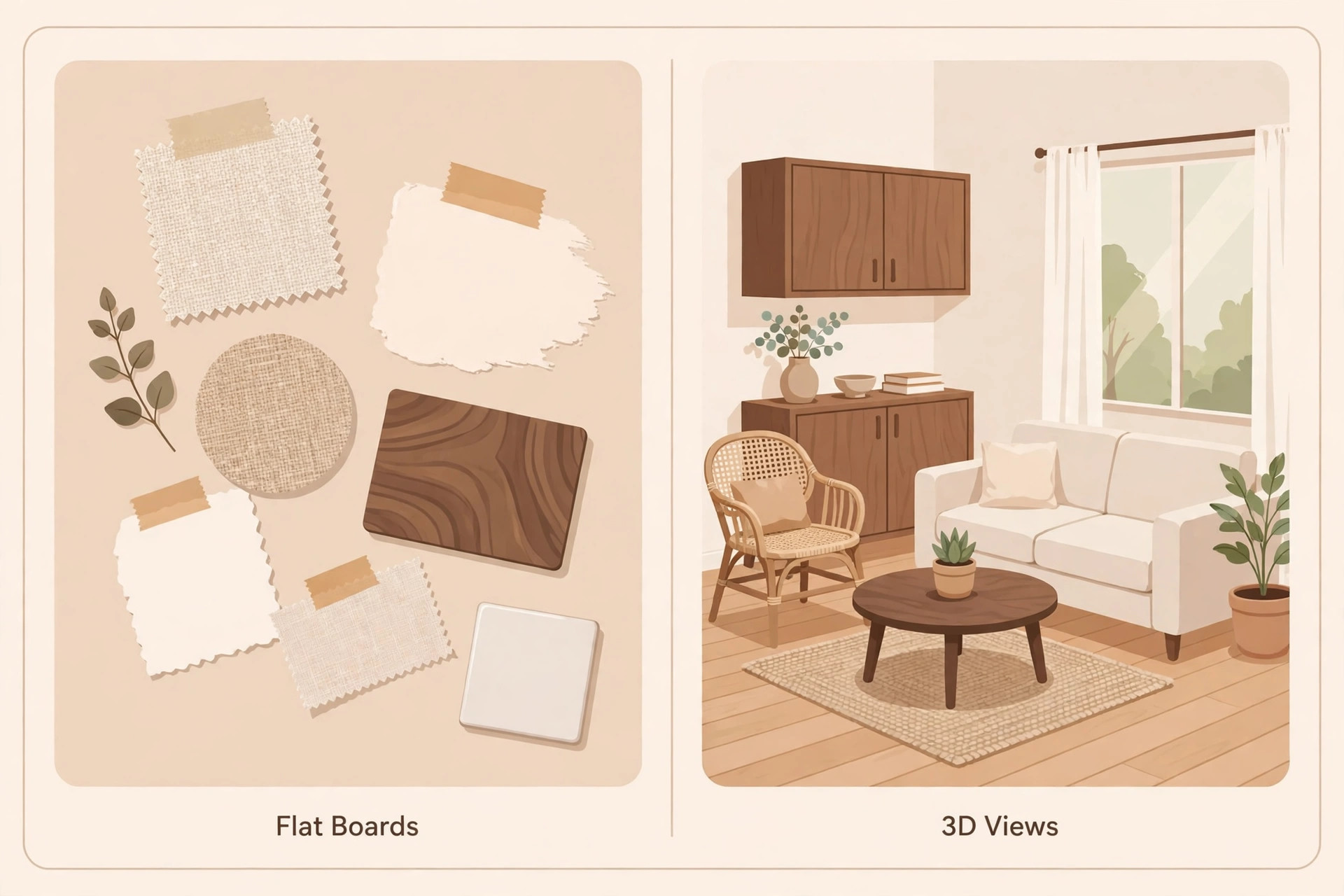 Comparison of flat mood boards and 3D views for client presentations