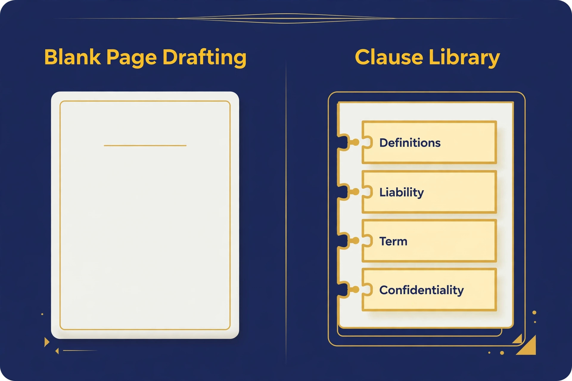 Comparison of blank page drafting and a clause library with definitions, liability, term and confidentiality clauses