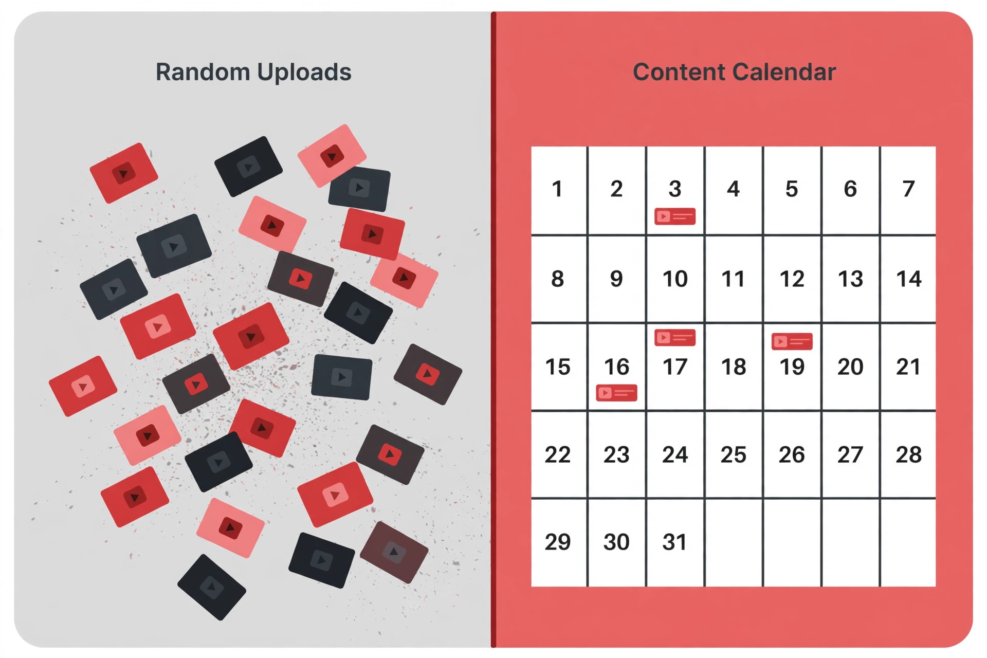 Comparison of scattered random uploads and a tidy content calendar with scheduled video slots